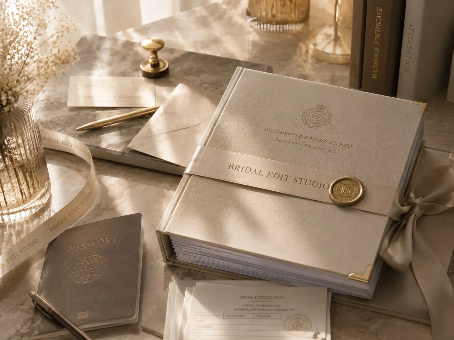 A cream leather Bridal Edit Studio folio embossed 'Documents & Embassy Support — Worldwide Recognition', closed with a gold wax seal, beside a passport and a MOFA attestation sheet