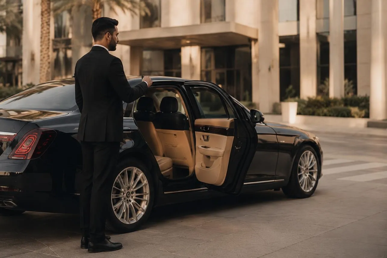 A uniformed chauffeur holding open the rear door of a black luxury limousine outside a Dubai hotel at golden hour