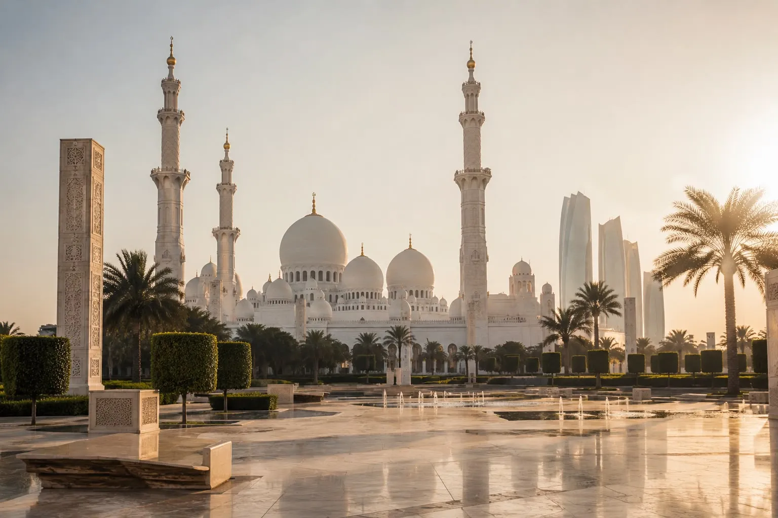 The Sheikh Zayed Grand Mosque in Abu Dhabi at golden hour, its white domes and minarets reflected in the courtyard fountains