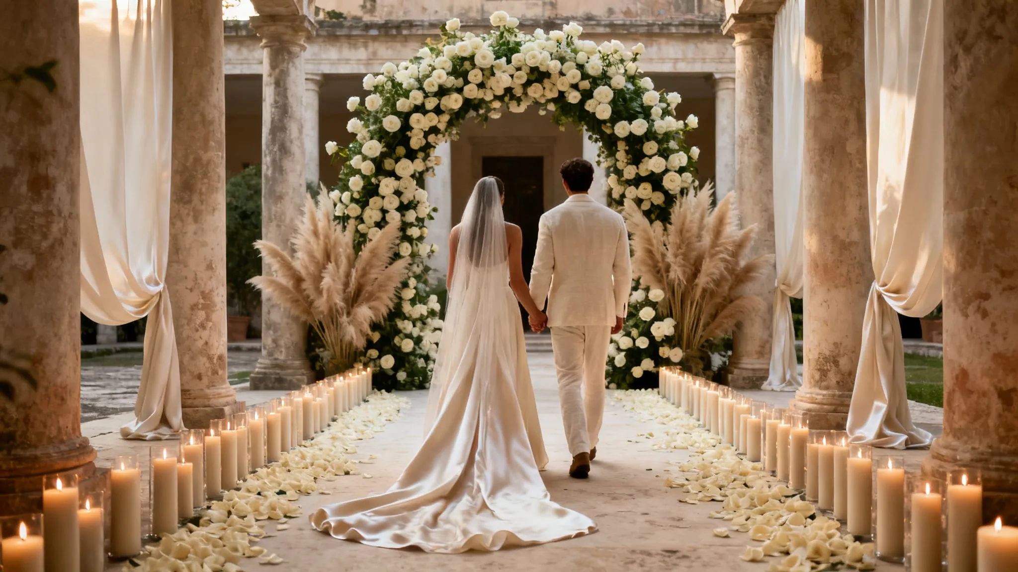 A couple walking hand in hand down a candlelit stone colonnade towards an arch of white roses, petals scattered along the aisle