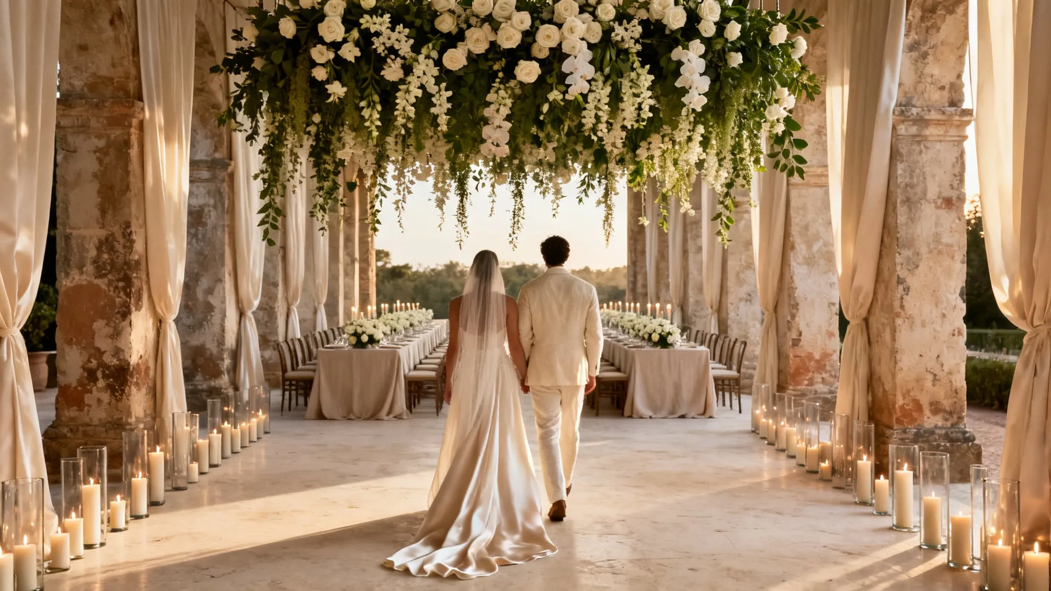 A couple walking away hand in hand through a candlelit stone colonnade beneath a hanging canopy of white roses, a long banquet table laid beyond them
