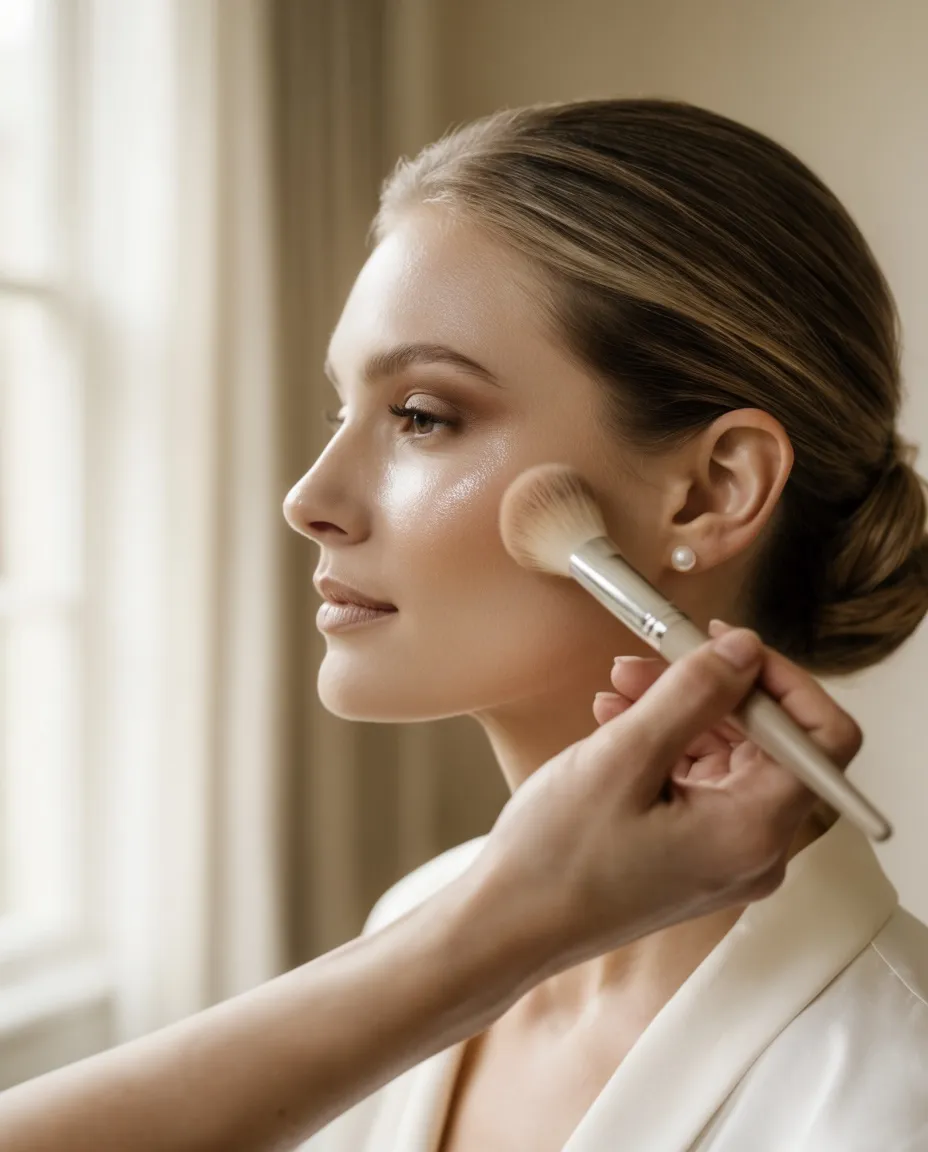 A bride in profile having soft makeup applied in window light