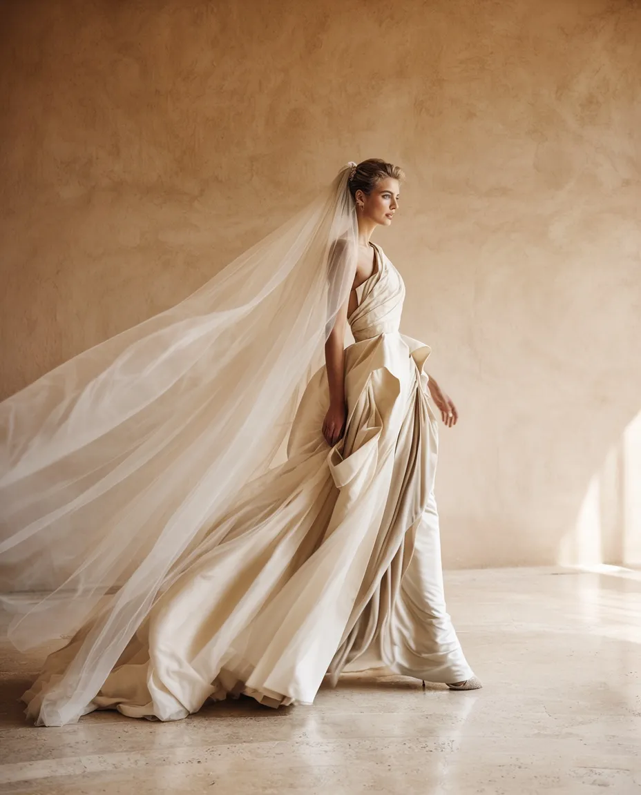 A bride in a couture gown, her veil trailing against a warm plaster wall