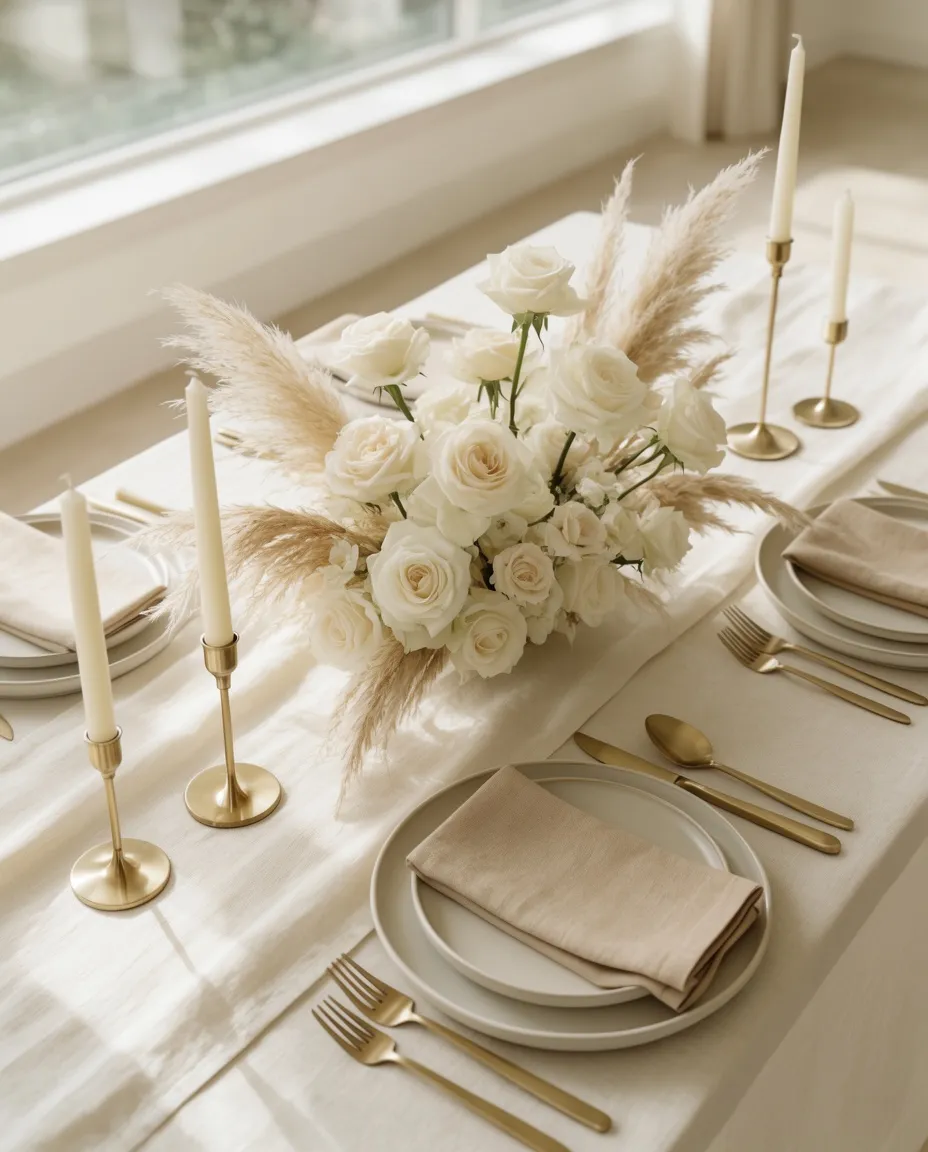 A tablescape of cream roses and pampas with tall gold candlesticks