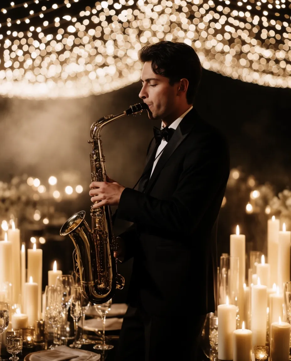 A saxophonist playing by candlelight at an evening reception