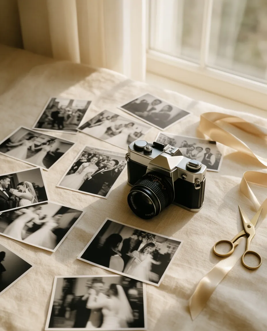 A film camera beside printed black-and-white wedding photographs on linen