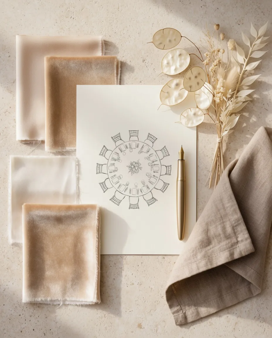 Fabric swatches, a table plan sketch and a gold pen on a pale stone surface