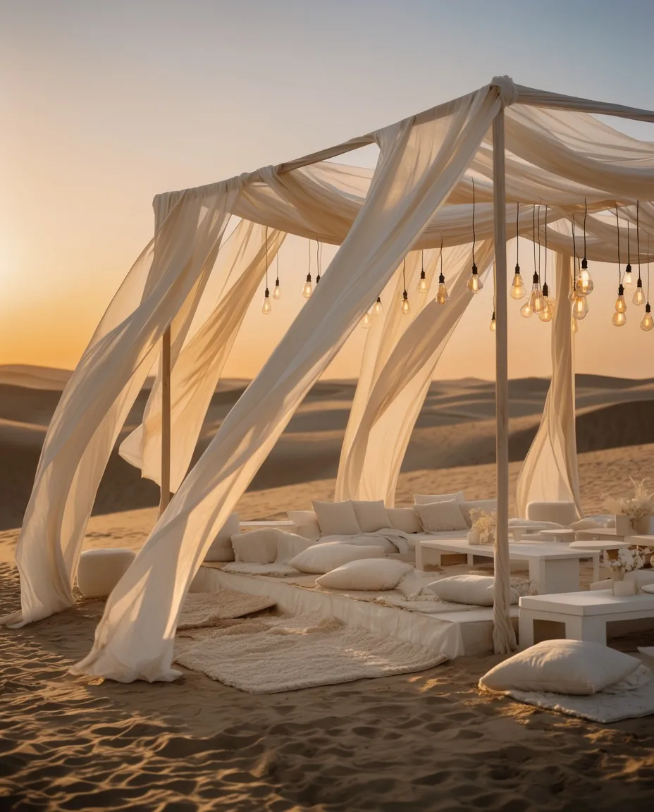 A draped desert canopy with lounge seating and hanging lights at sunset