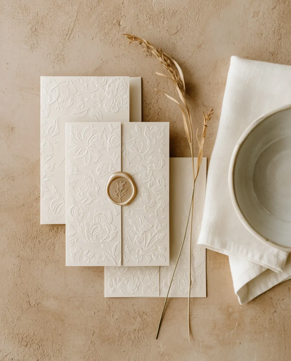 Embossed cream stationery closed with a wax seal beside dried stems