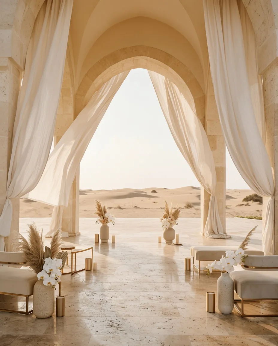 A stone colonnade draped in linen opening onto desert dunes at golden hour