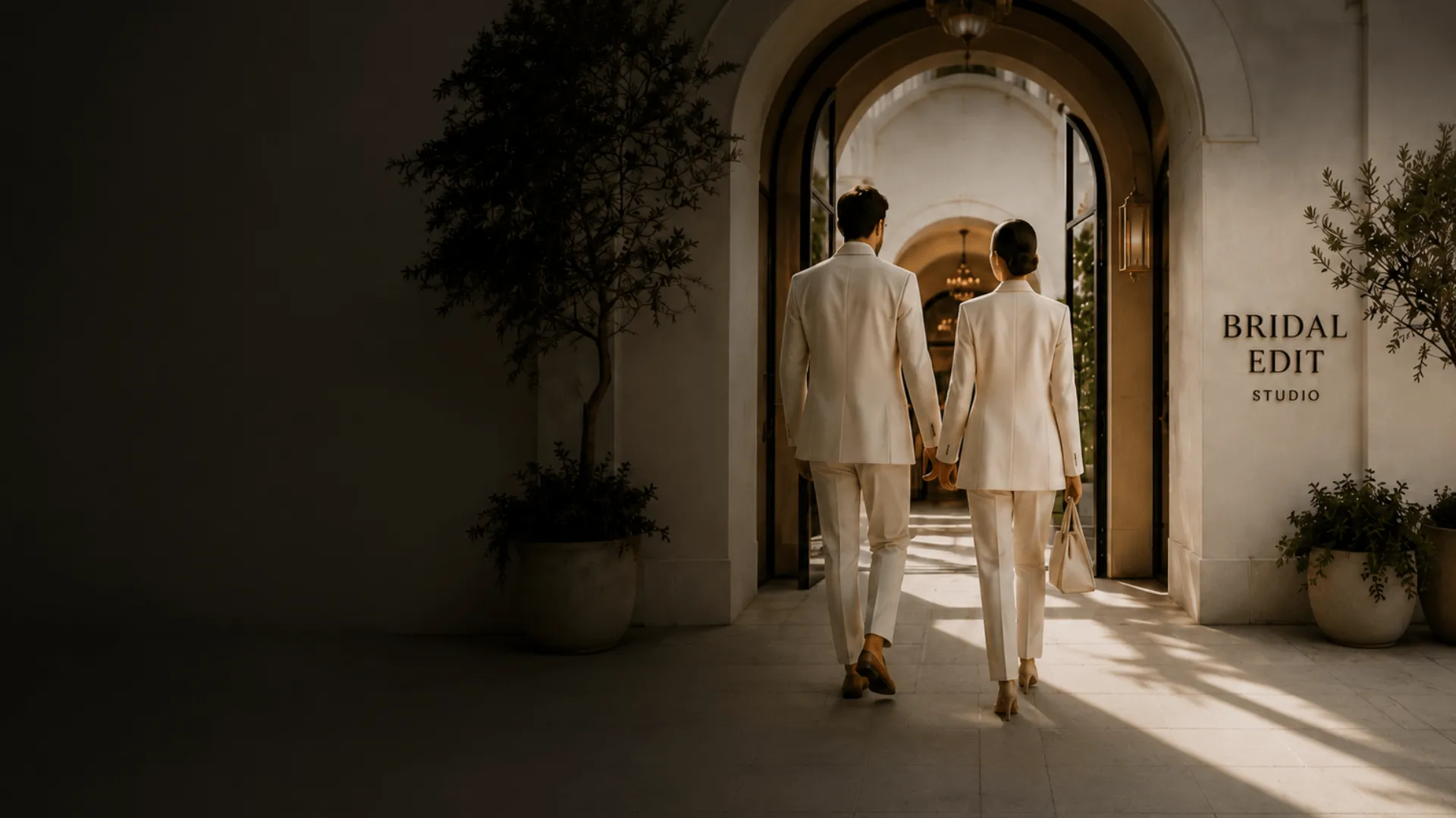 A couple in ivory, hand in hand, walking through a sunlit archway past the Bridal Edit Studio wordmark
