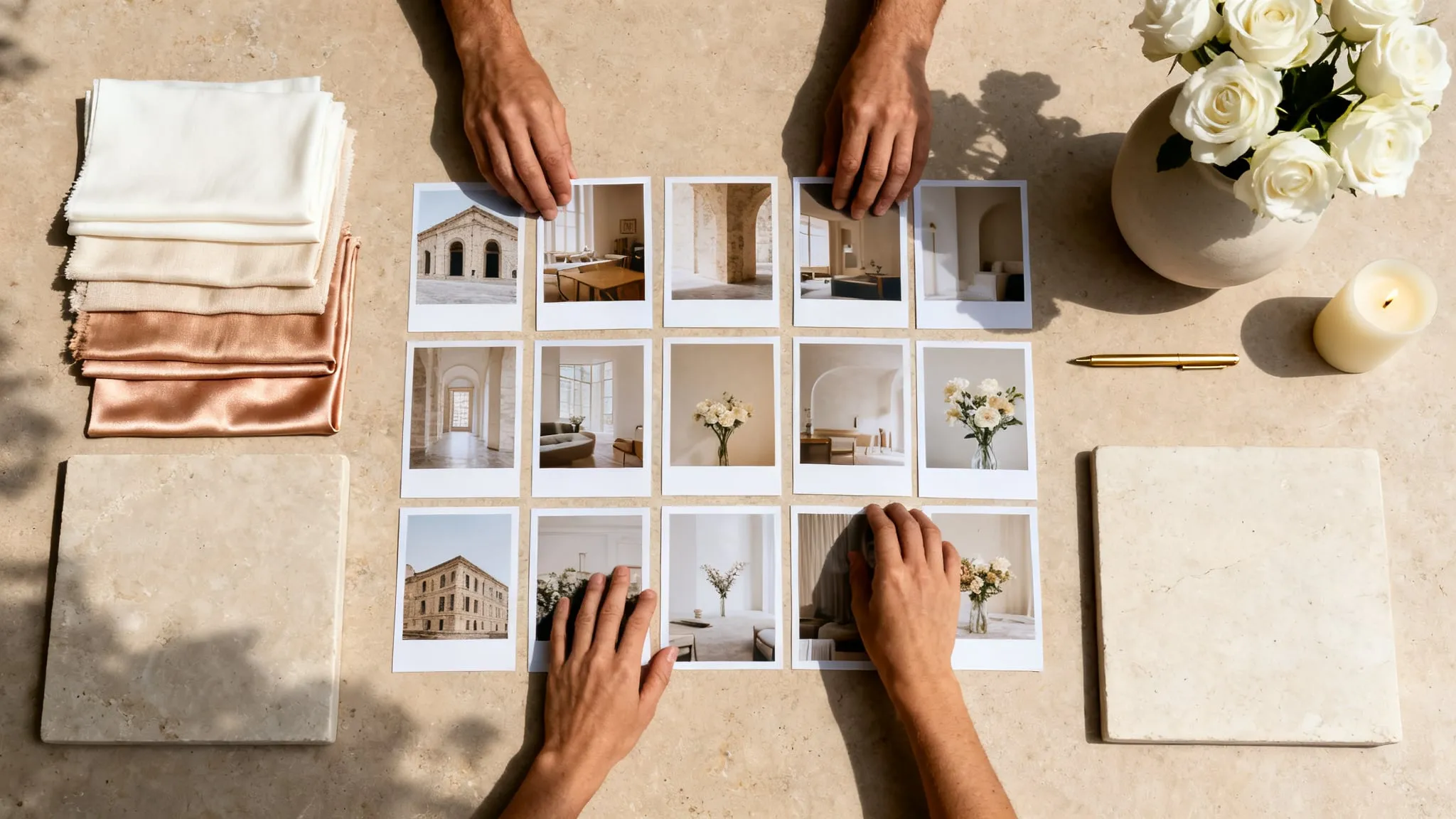 Several pairs of hands laying out a grid of photographic prints on a pale stone table, beside folded fabric swatches, white roses and a gold pen