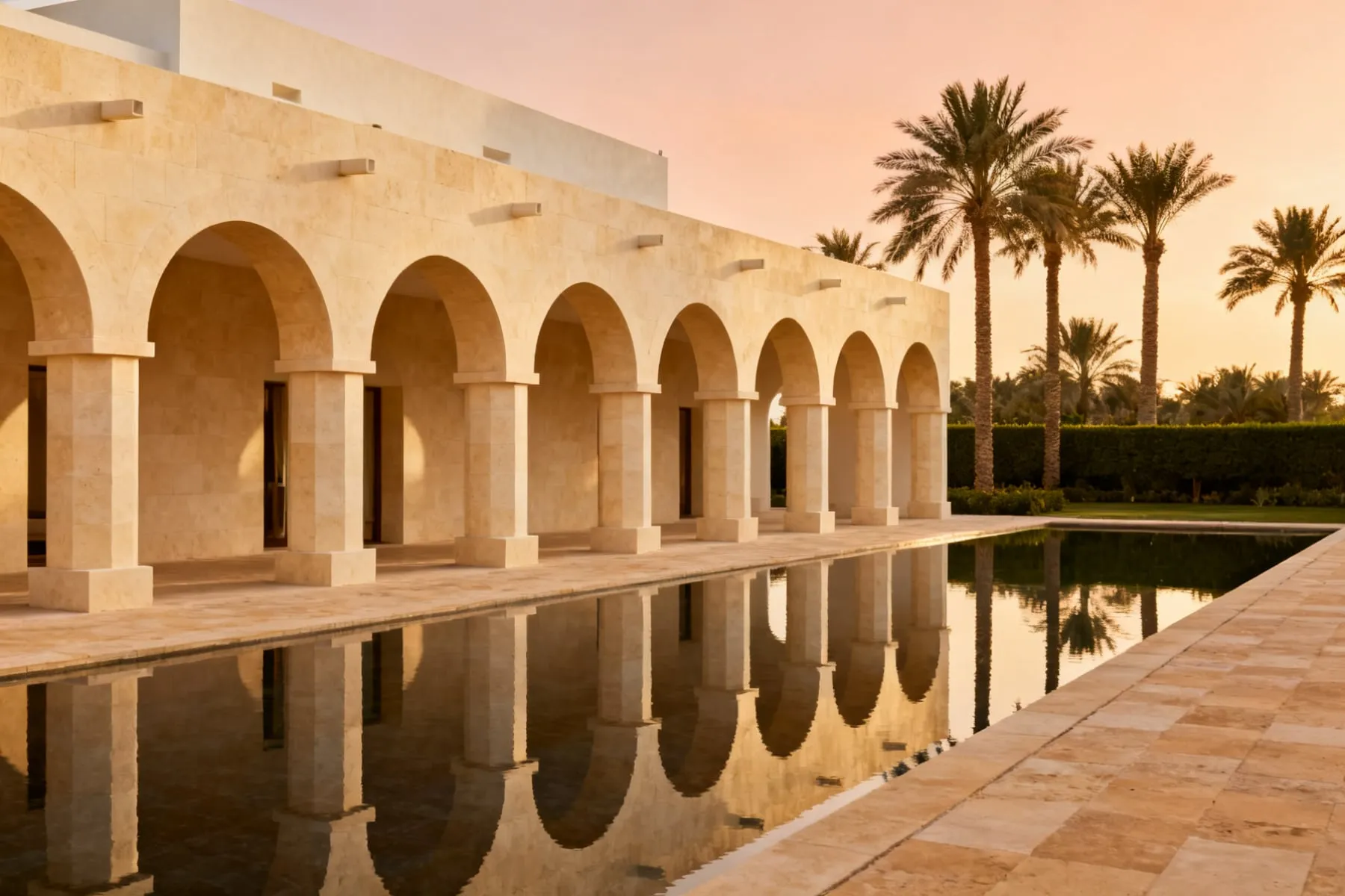 A limestone colonnade beside a still reflecting pool, lit by low golden sun