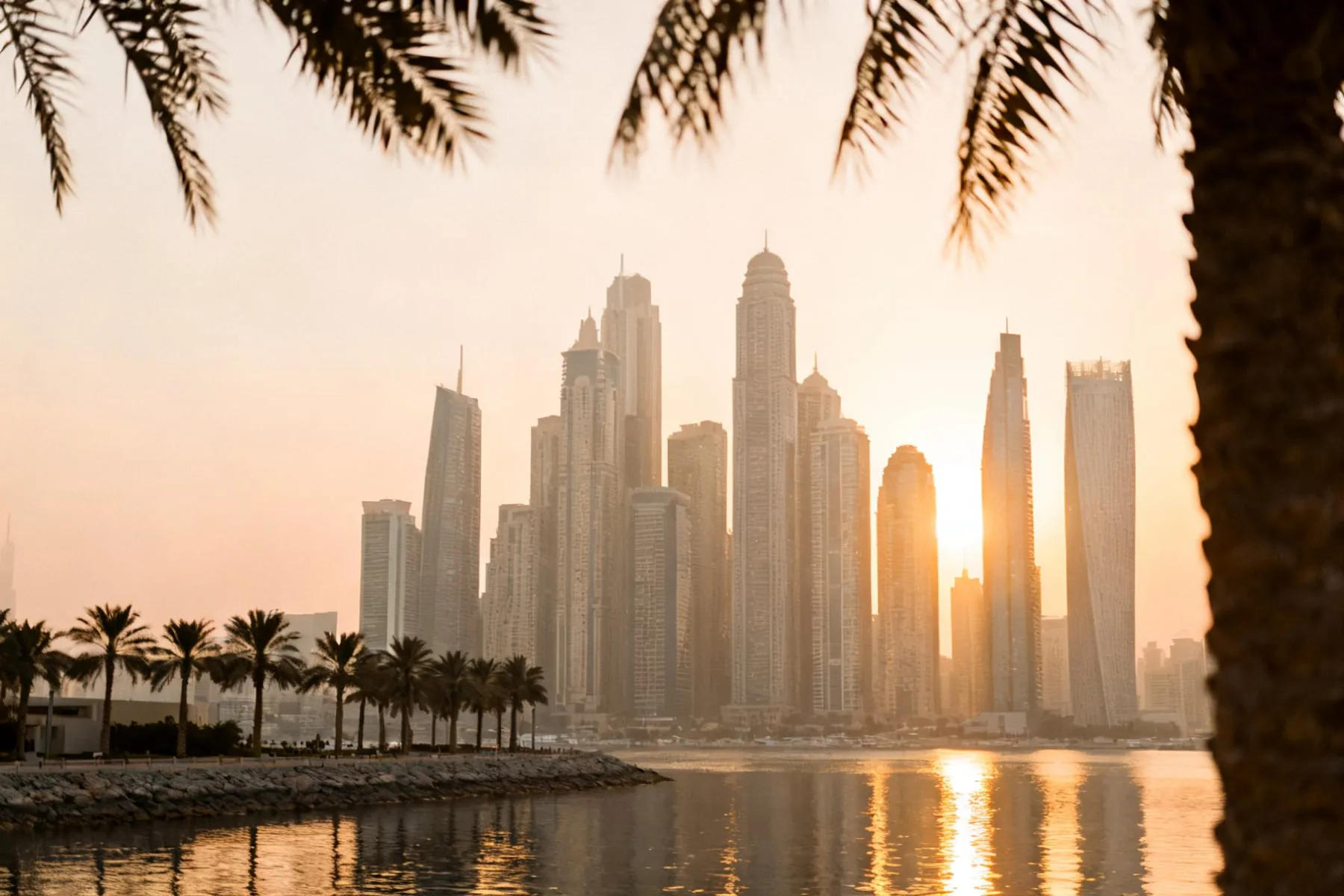 The Dubai Marina skyline at golden hour, seen across the water through date palms