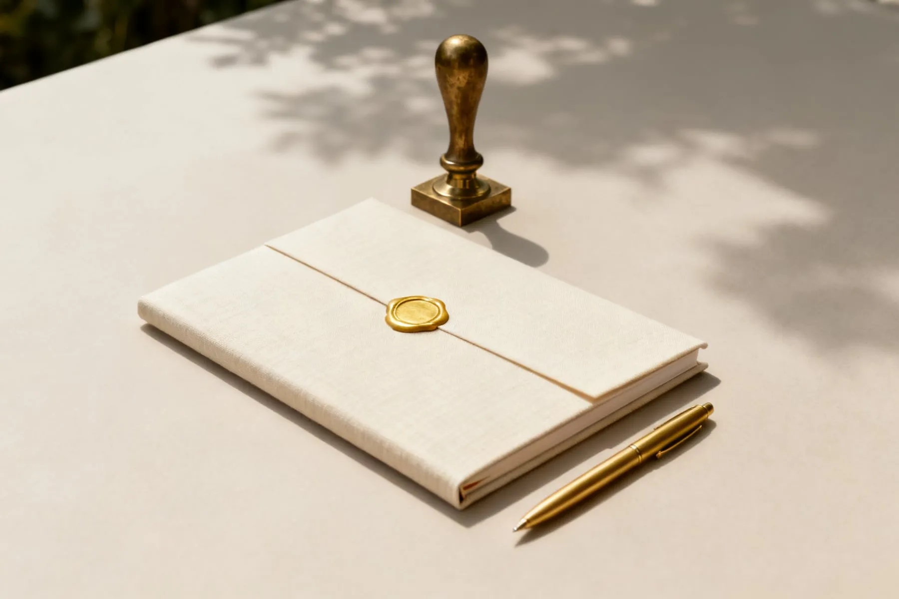 A single closed cream linen certificate folder with one gold wax seal on pale limestone, a brass embossing press standing behind it