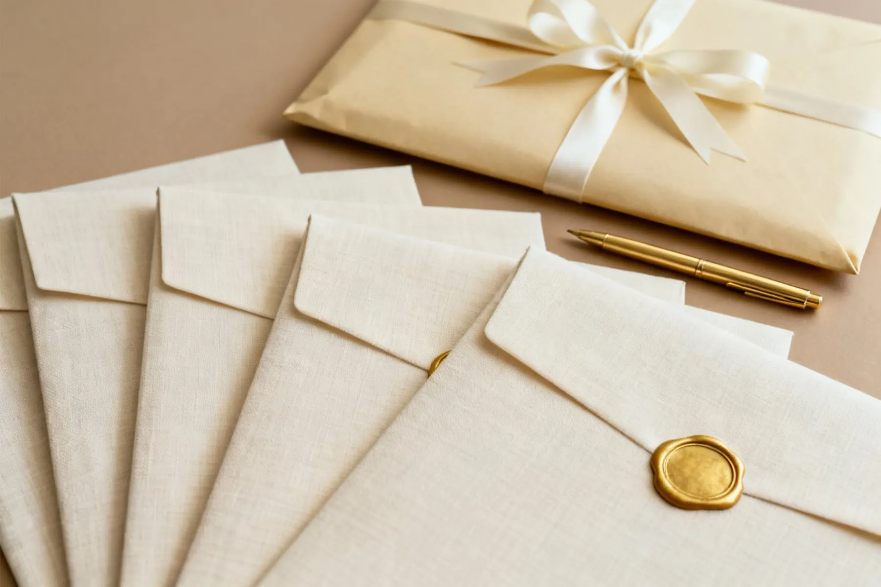 Several closed cream document folders fanned out in a row, each with its own gold wax seal, a ribbon-tied courier envelope resting behind them