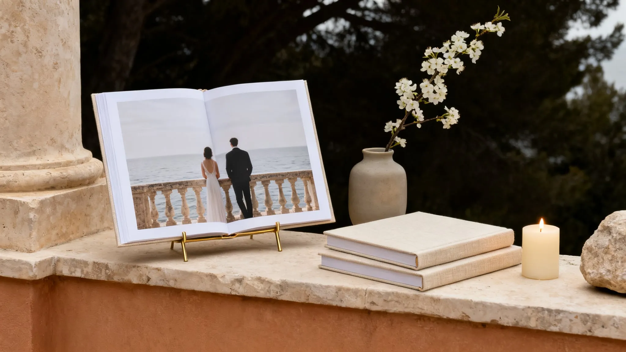 An open linen-bound wedding edition on a brass stand on a stone ledge, one photograph of a couple printed full-bleed across both pages, stacked volumes and blossom beside it