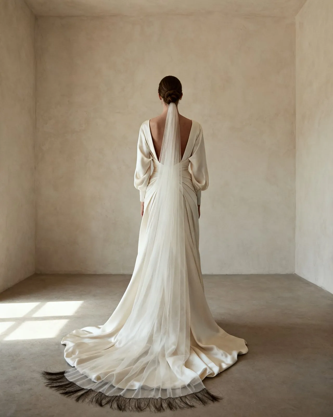 A bride seen from behind in an ivory silk gown, a long tulle veil falling the length of her back in a bare plaster room