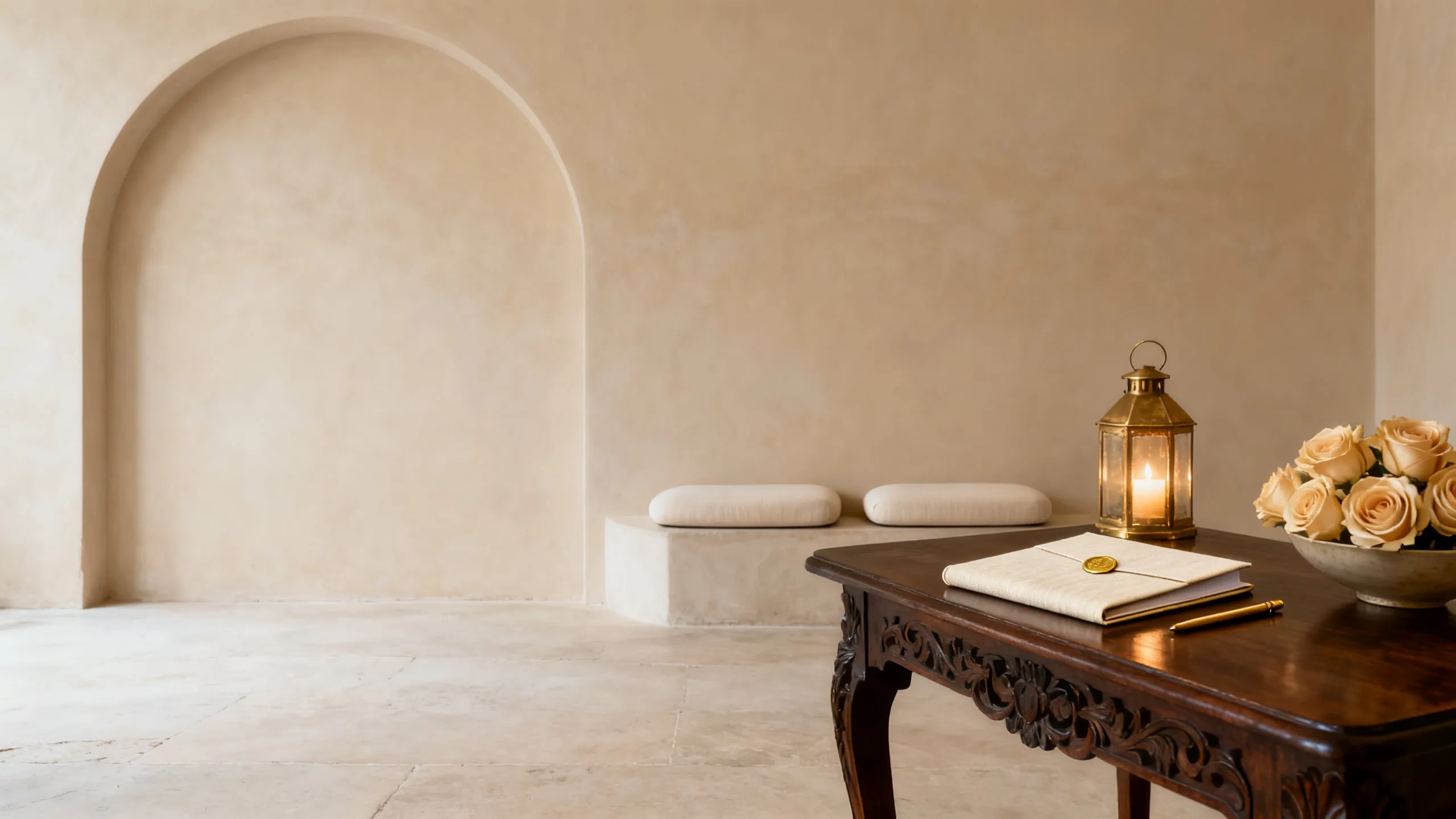 A majlis prepared for a Nikah — a carved wooden table with a sealed cream marriage folder and a gold pen, a lit brass lantern and pale roses beside low cream seating