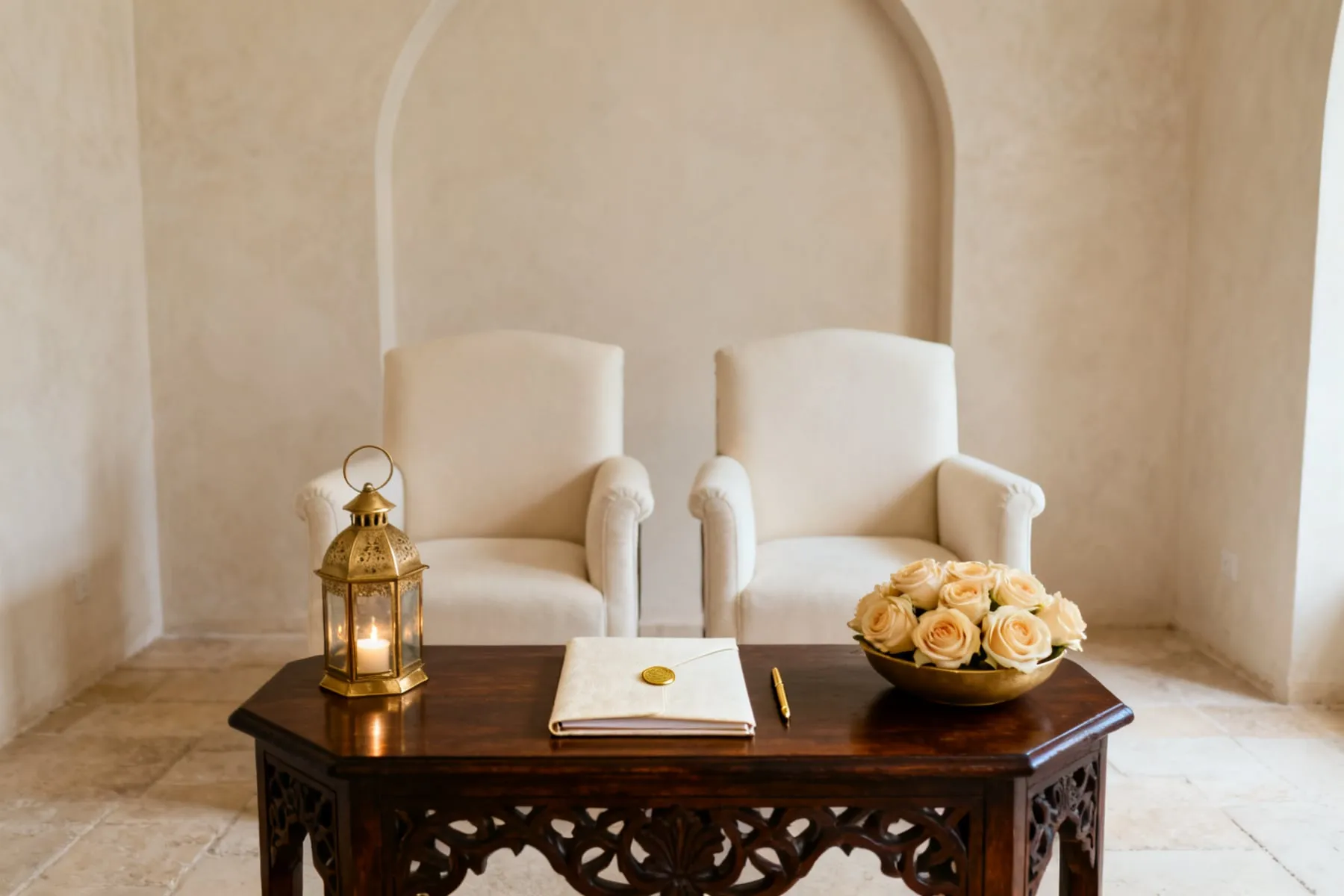 A quiet ceremony room with two cream armchairs behind a carved wooden table holding a sealed marriage folder, a gold pen, a lit brass lantern and pale roses
