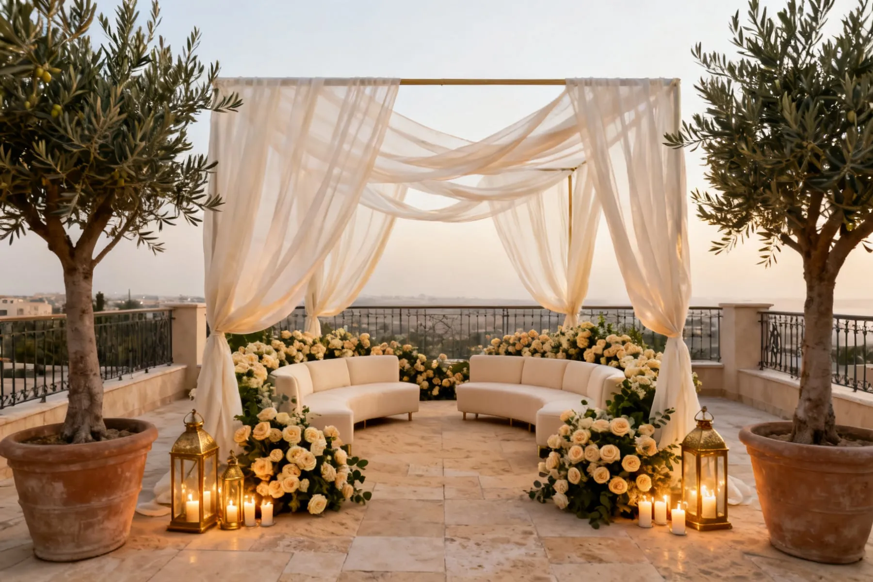 A private terrace at golden hour set for a Nikah — an ivory drapery canopy over curved cream seating banked with pale roses, brass lanterns and candles lit, olive trees on either side