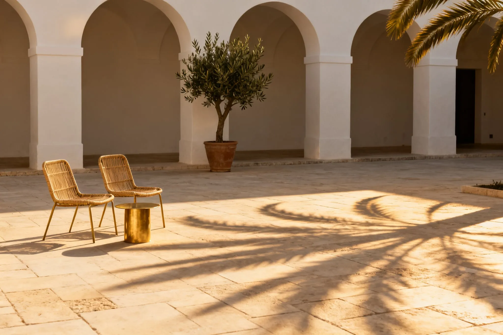 An empty courtyard at golden hour, two cane chairs and a brass side table on pale stone, palm shadows raking across the paving