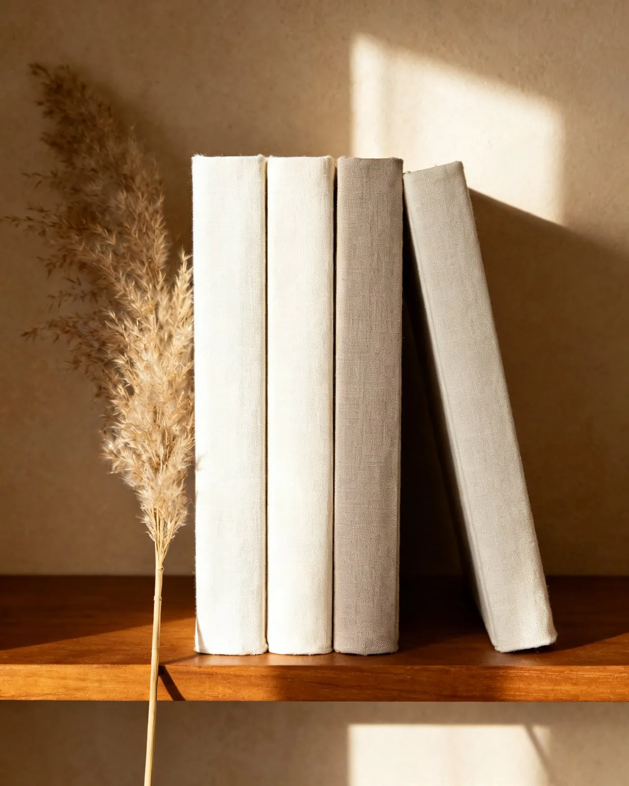Linen-bound wedding editions standing on an oak shelf, one pulled forward, a sprig of pampas beside them