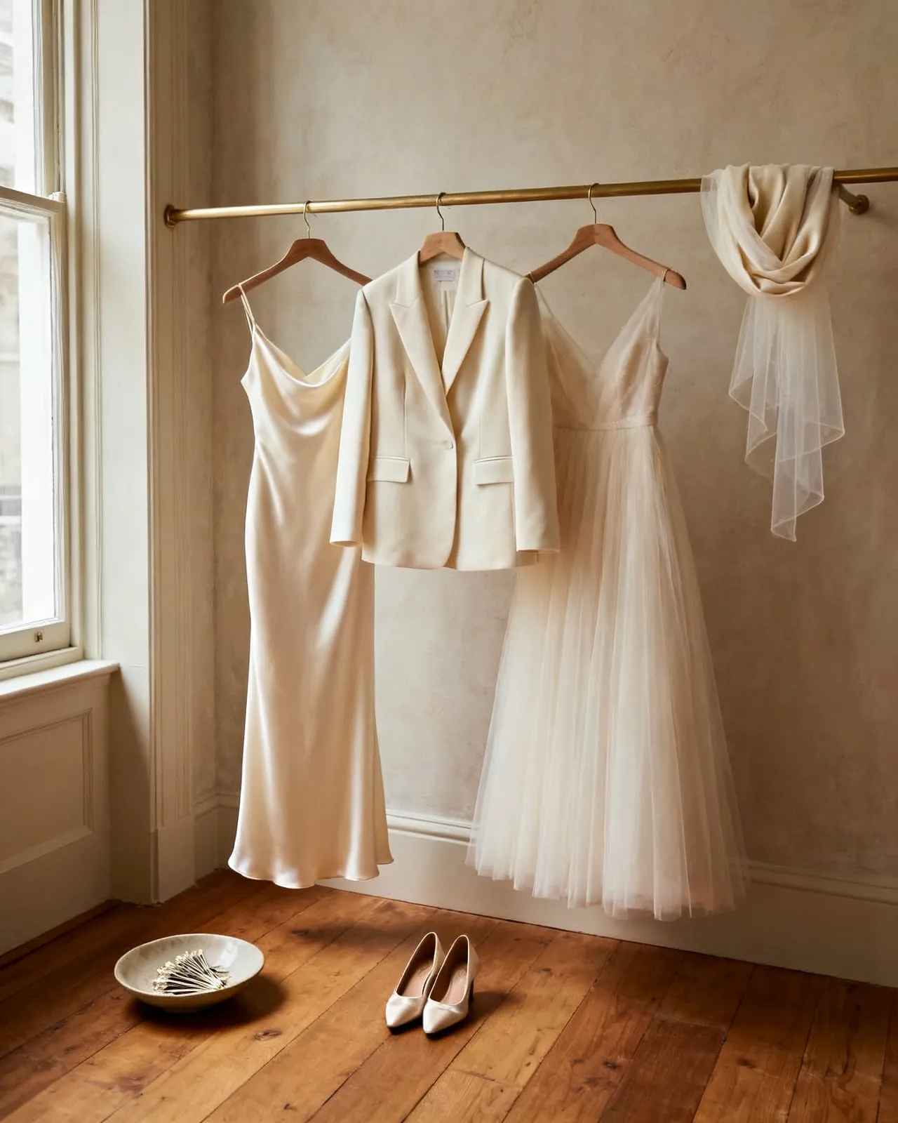 Three ivory bridal looks hanging on a brass rail in a sunlit atelier, shoes and hair pins below