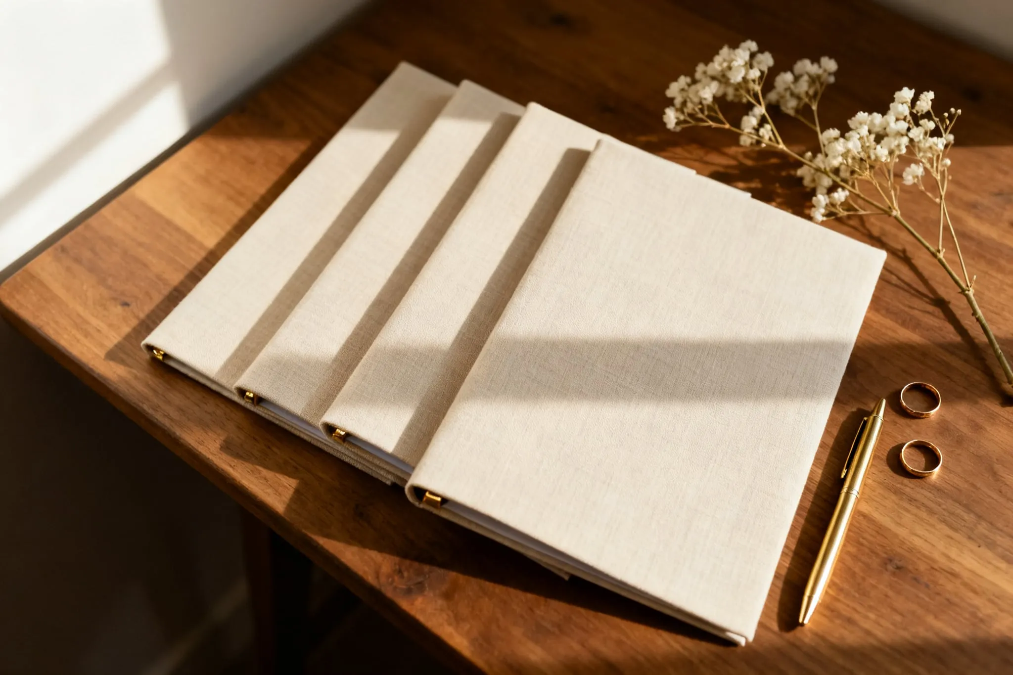 Four closed cream linen folders fanned across a warm oak desk in low window light, a gold pen and two wedding bands beside them