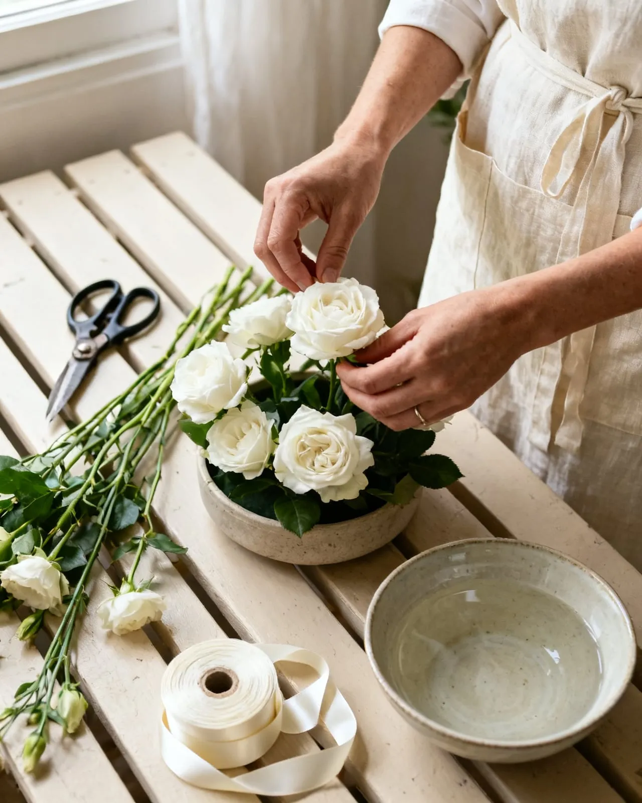 A florist's hands easing a white rose into a low arrangement, secateurs and silk ribbon on the bench