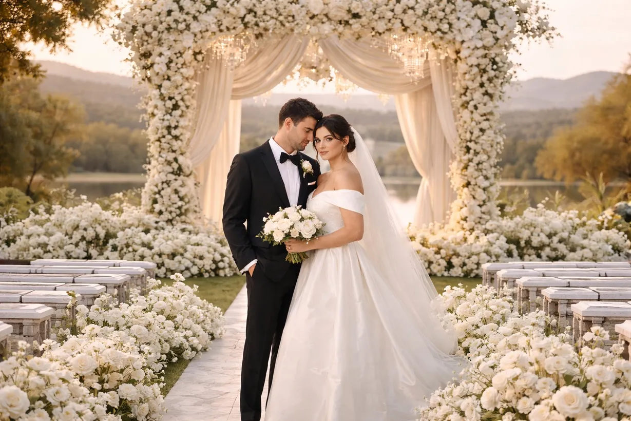 A couple beneath a white floral arch hung with ivory drapery beside a lake at golden hour, the aisle lined with white roses and stone benches