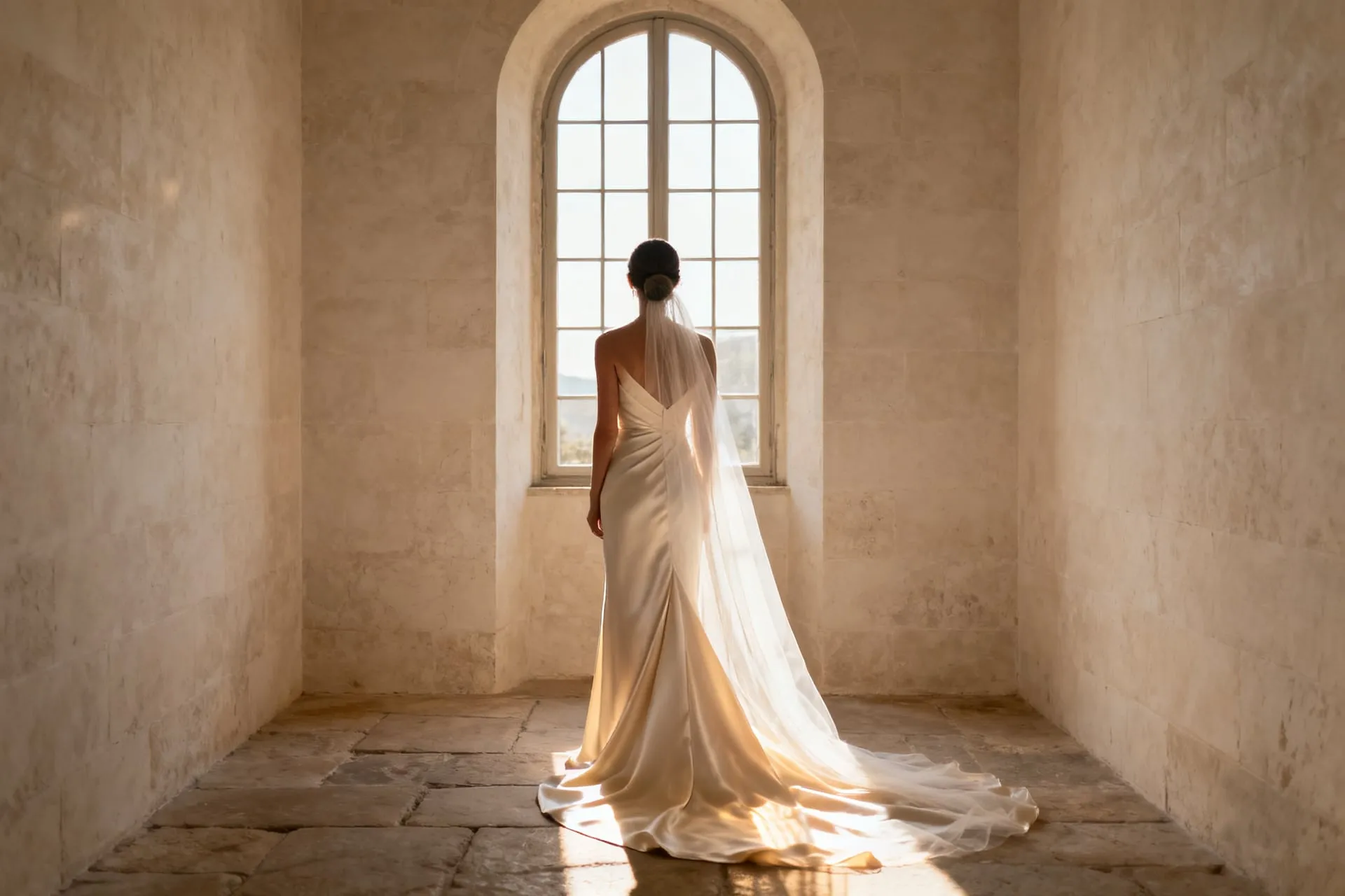 A bride standing at a tall arched window in a limestone room, warm light raking across her silk gown and veil