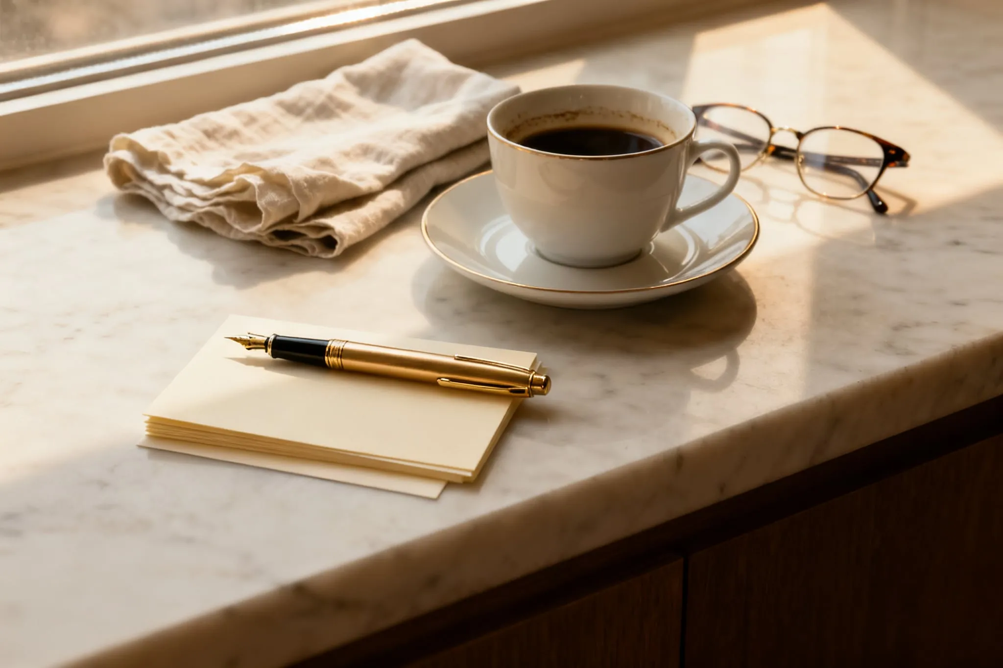 A fountain pen resting on a stack of blank cream cards beside a cup of coffee on a marble sill in late-afternoon light