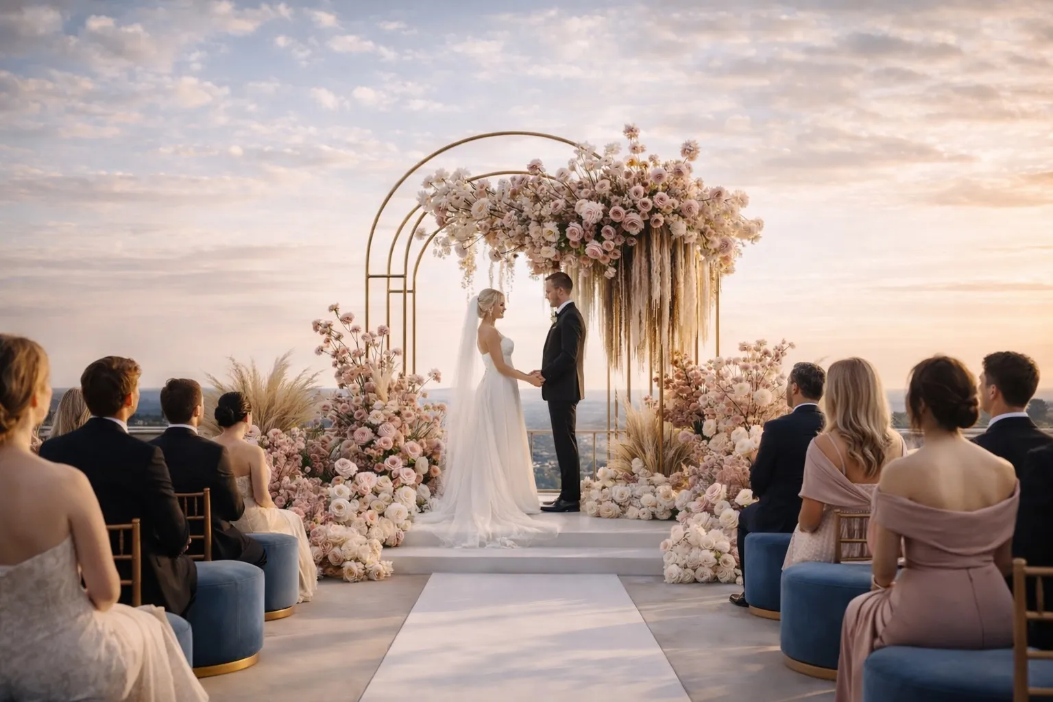 A couple standing hand in hand beneath a blush and ivory floral arch on a rooftop at sunset, guests seated in blue velvet chairs along a white aisle