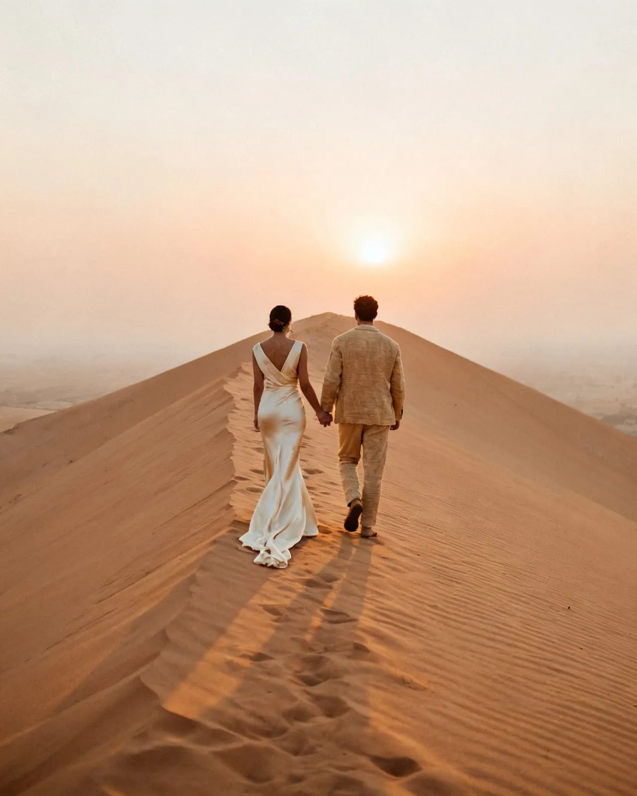 A couple walking hand in hand along a dune ridge at golden hour, her silk train on the sand