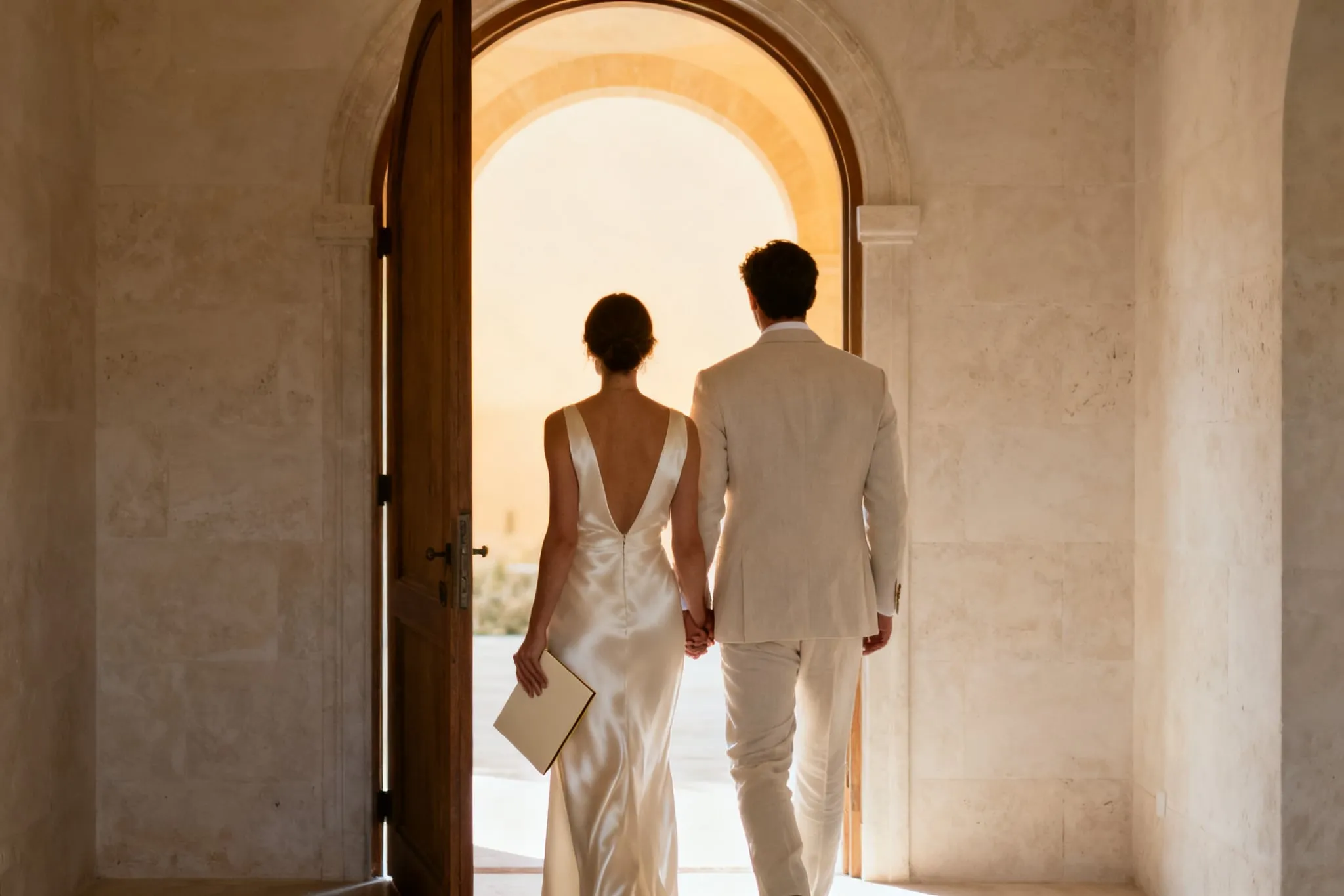 A couple seen from behind stepping through a tall arched doorway into warm daylight, a slim cream folder in her hand