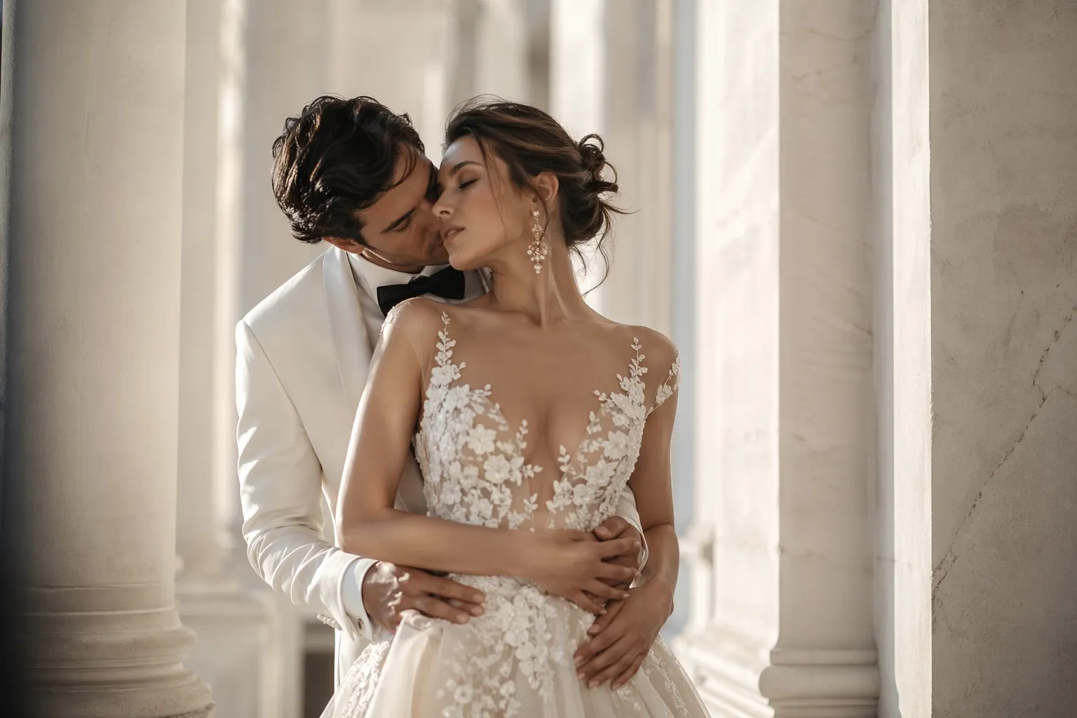 A couple standing close between pale stone columns, the bride in a floral-appliqué gown, the groom in a white dinner jacket and black bow tie