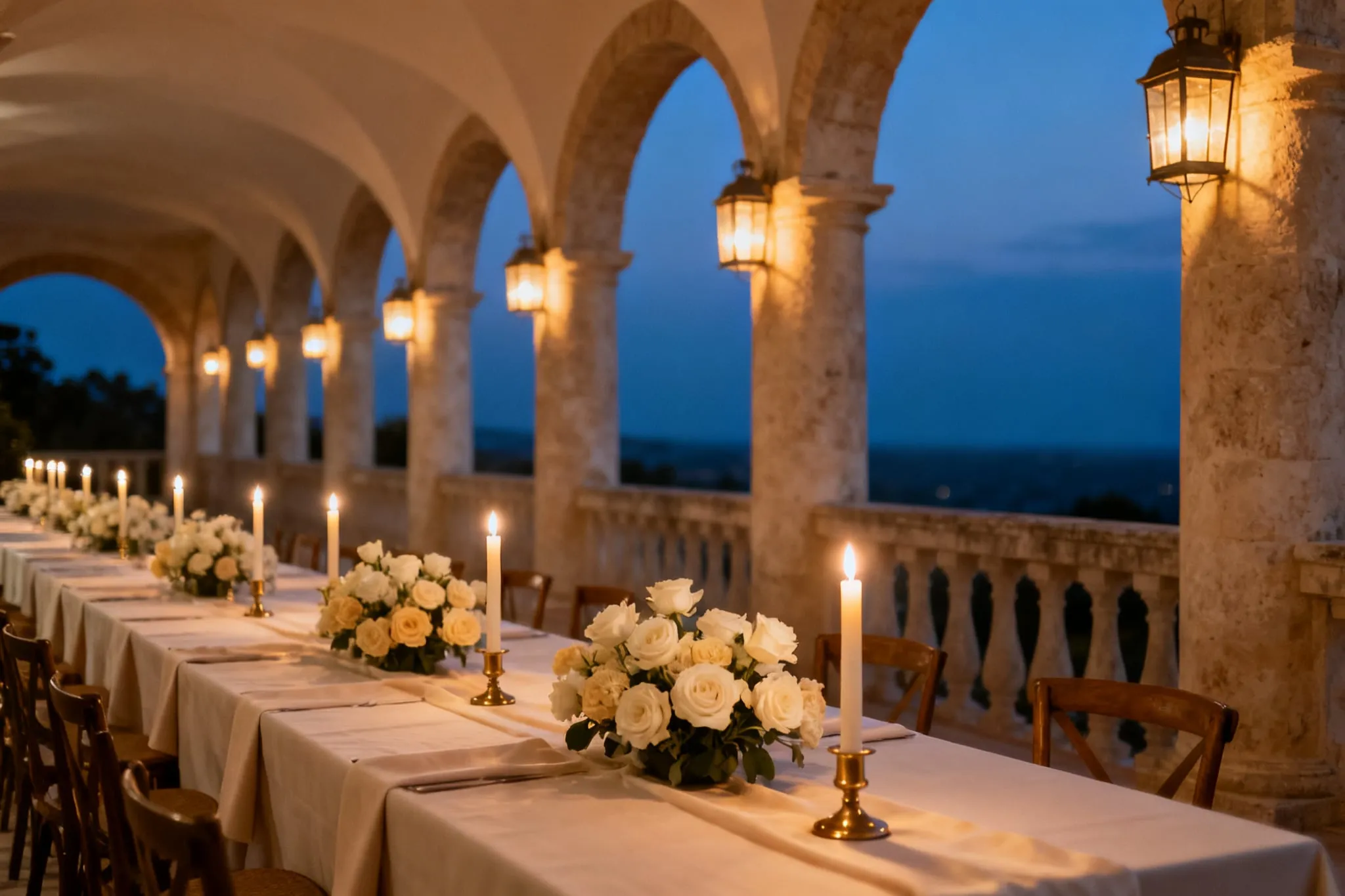 A long candlelit table set under a lantern-lit limestone colonnade at dusk, white roses and tapered candles running its length