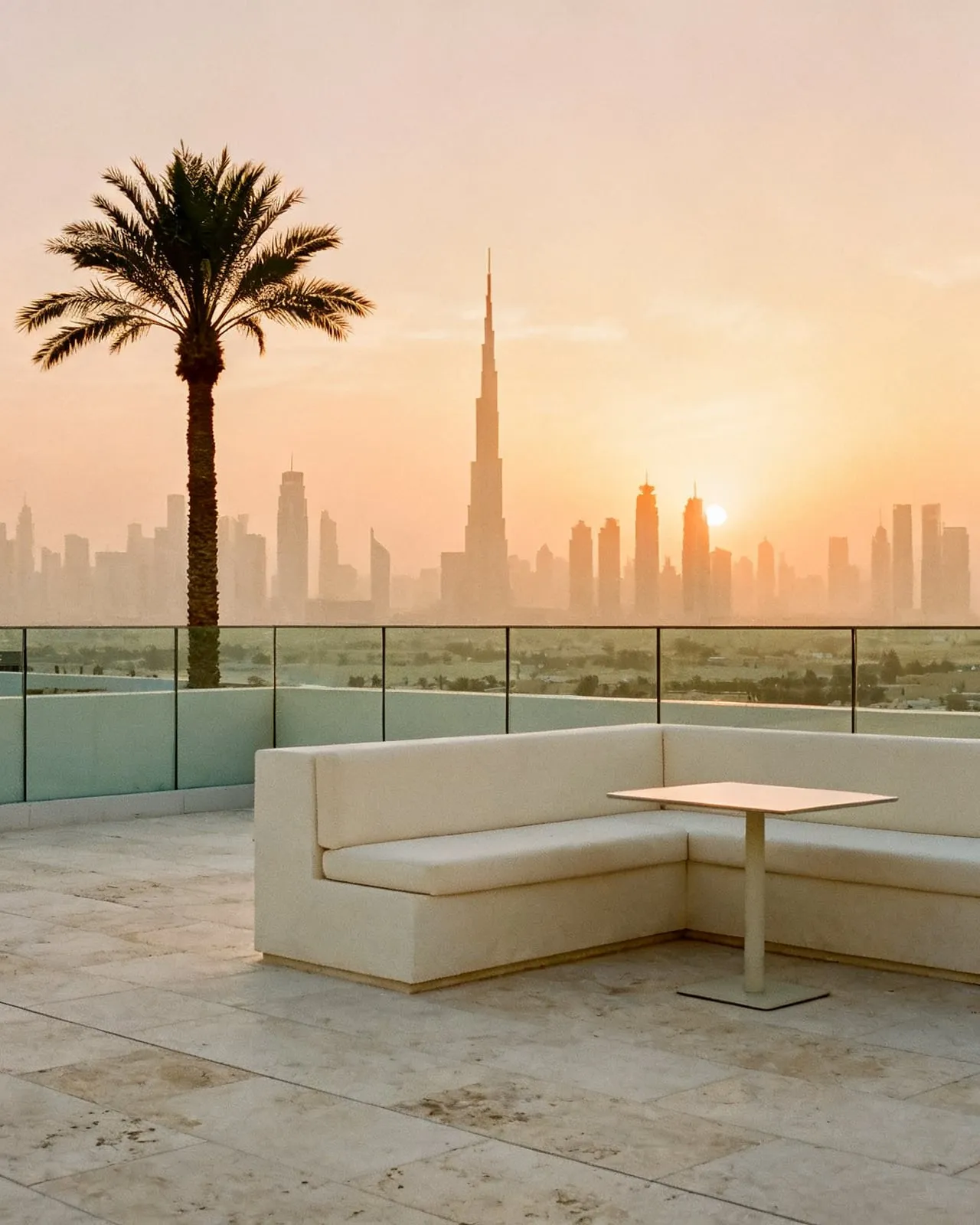 An empty rooftop terrace at dusk, cream seating facing the Dubai skyline in low amber light