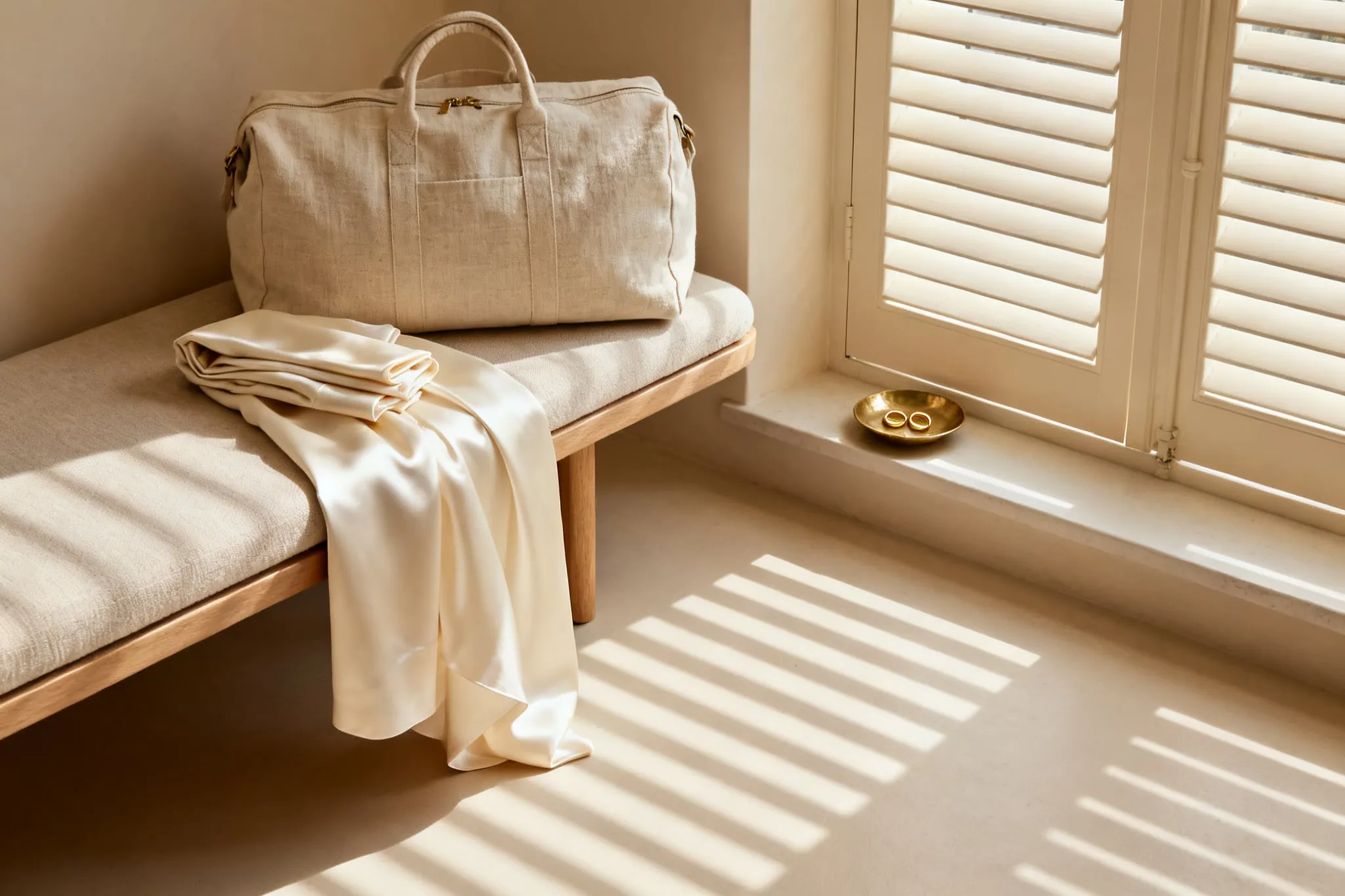 A linen weekend bag and folded ivory silk on a window bench, two gold wedding bands in a brass dish on the sill