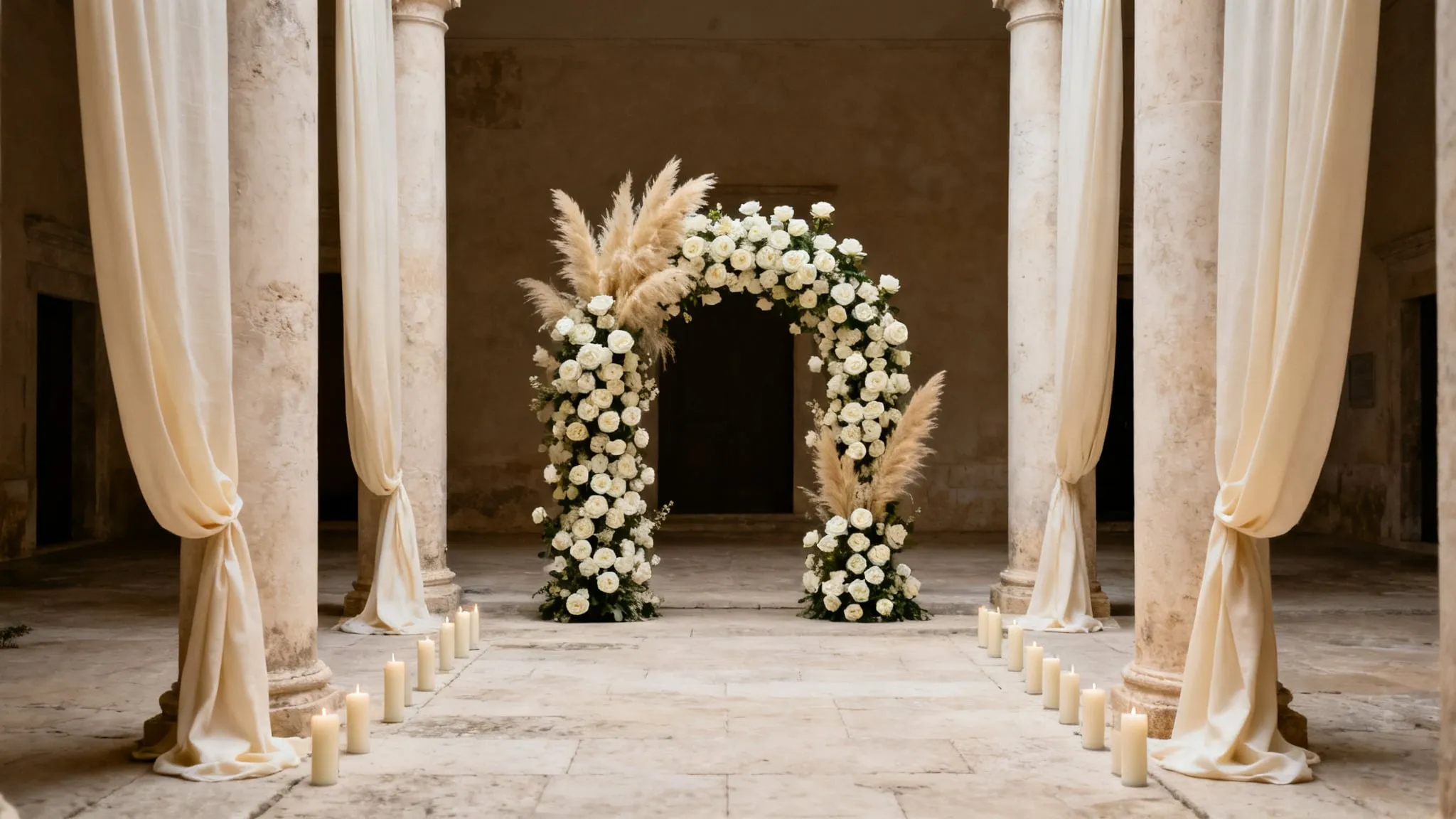 A majlis set for a Nikah in warm lamplight, low seating and patterned cushions around a central table of white roses