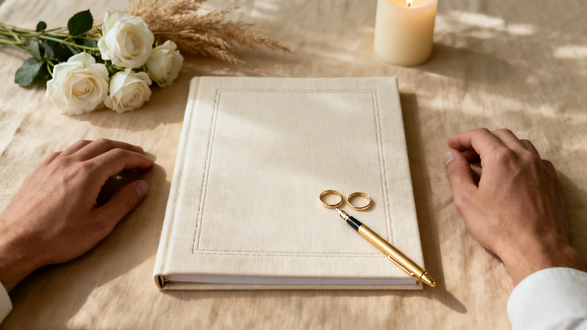 A cream linen marriage folder on a sunlit table, a gold pen and two wedding bands resting on it, a hand at either side