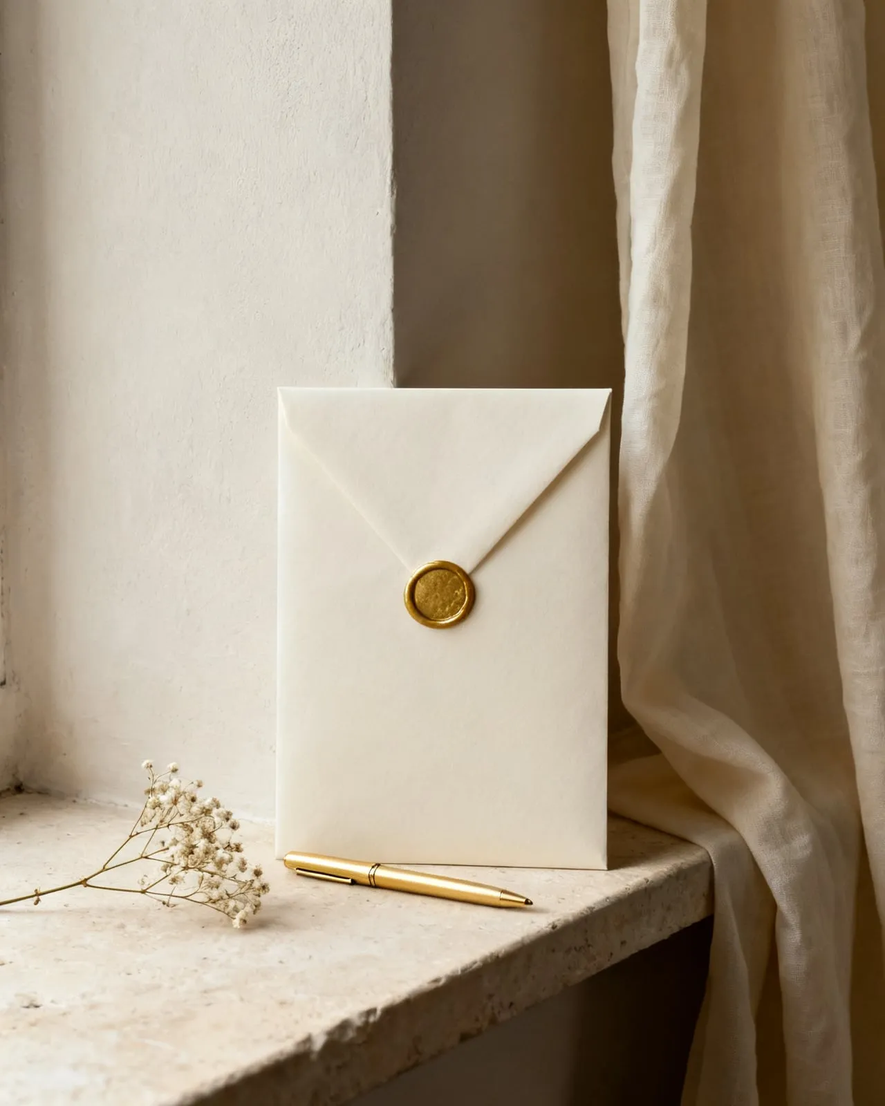 A cream envelope closed with a gold wax seal, standing on a stone ledge beside a gold pen