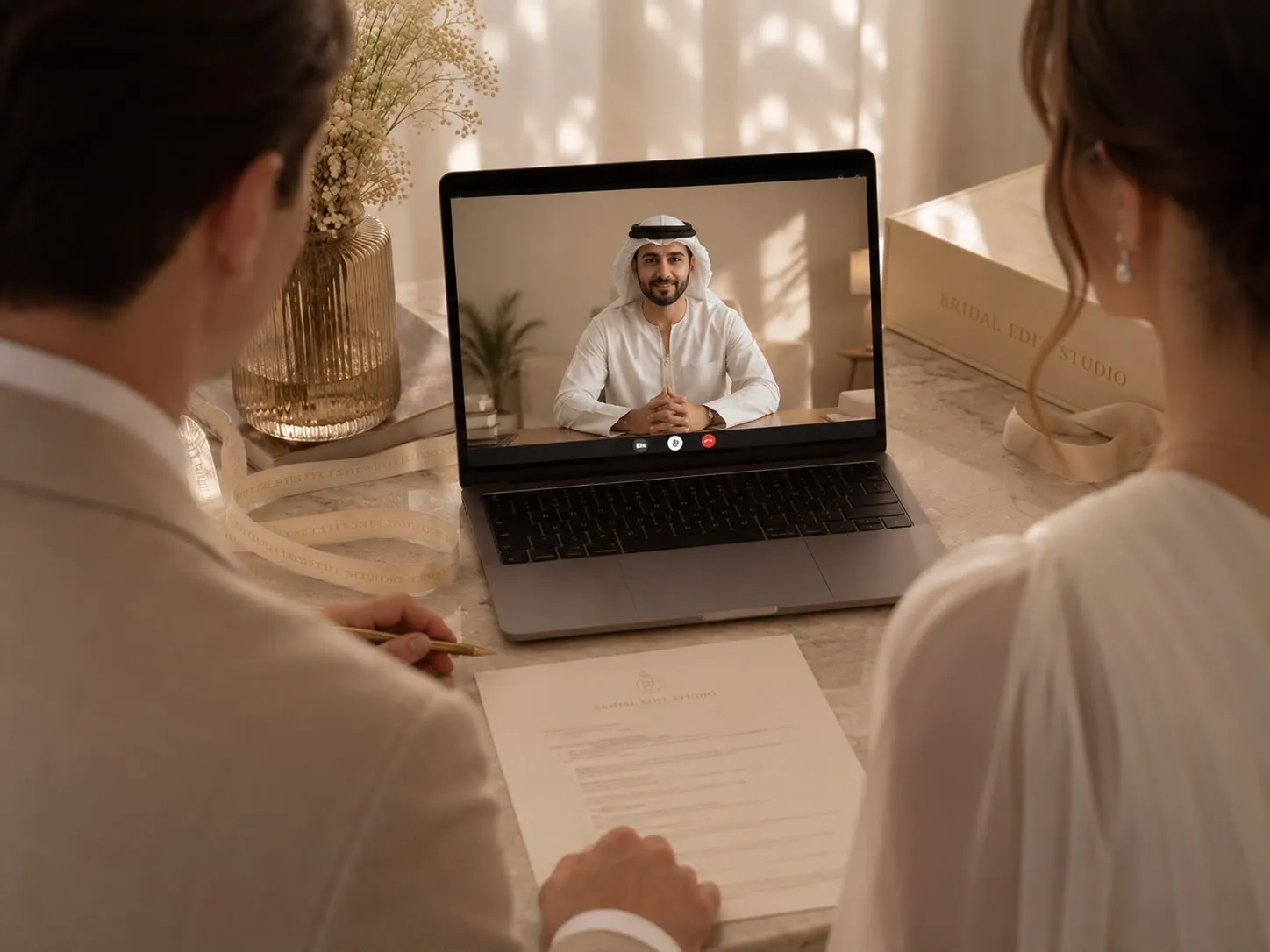 A couple seen from behind at a marble desk, facing a laptop where an official in Emirati dress conducts their ceremony by video call