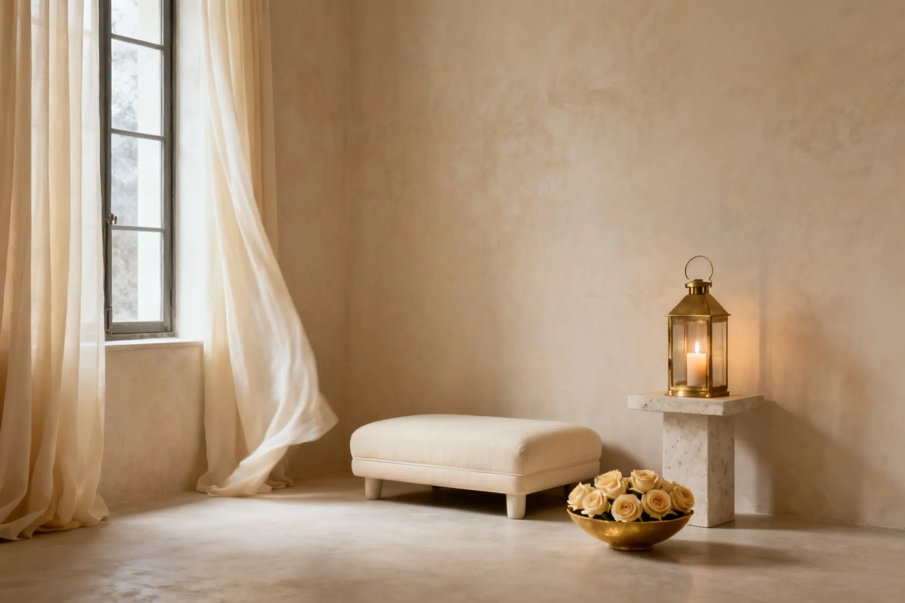 A quiet ivory plaster room with sheer curtains at a tall window, a single low cream seat, a lit brass lantern on a stone plinth and a gold bowl of pale roses
