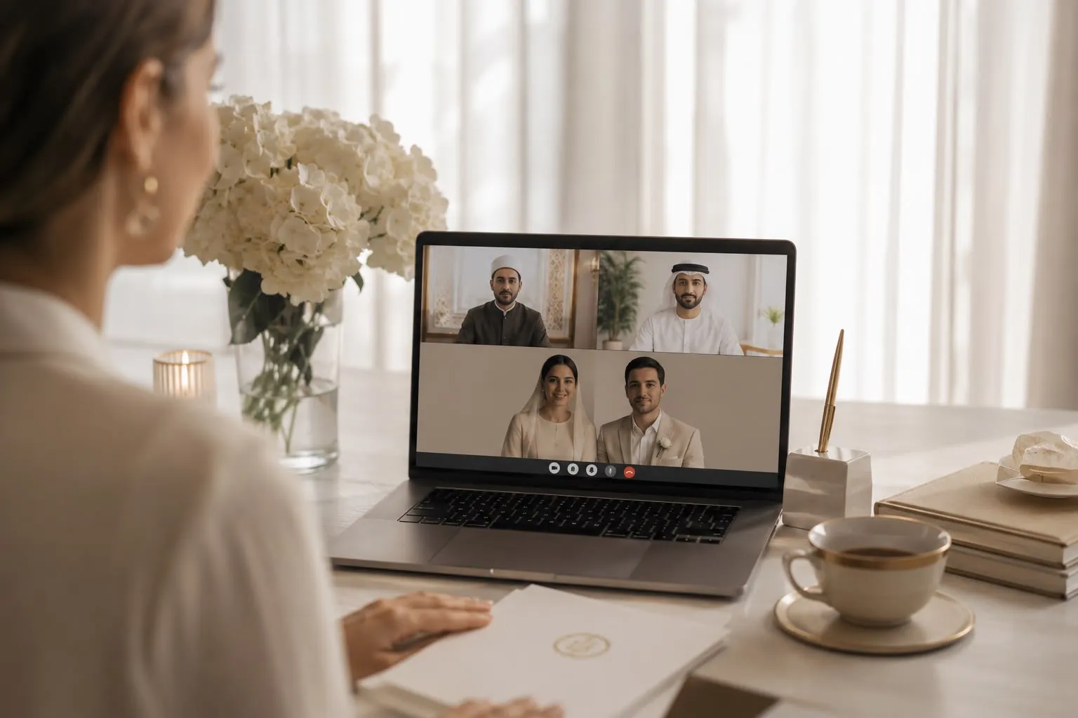A bride at a sunlit desk with flowers and a Bridal Edit Studio document before her, joining a video call on which an imam, an Emirati official and the couple appear in four panels