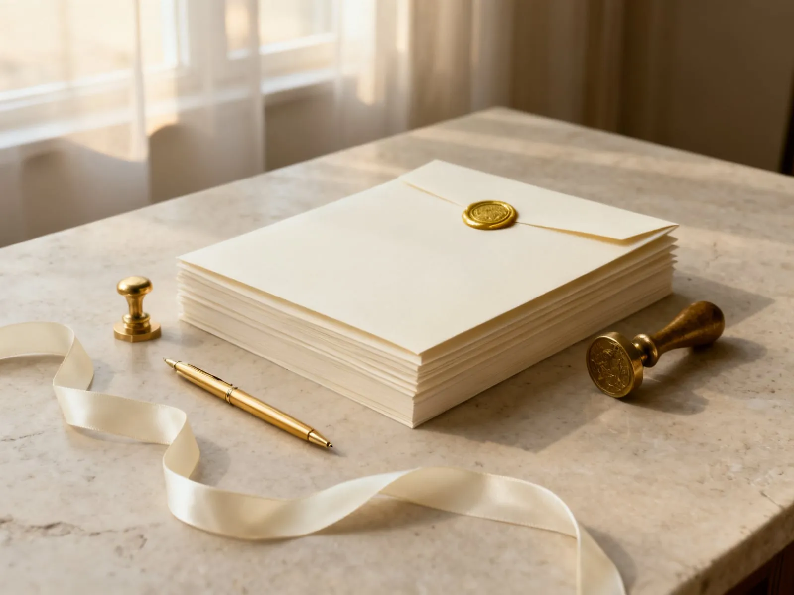Attested marriage documents laid out on warm linen, embossed seals and certified translations stacked in order