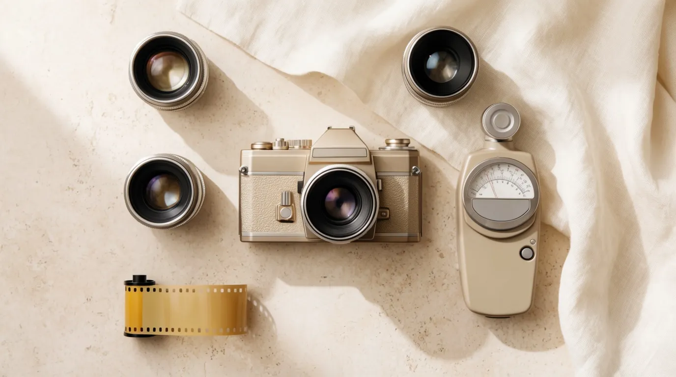 A film camera, lenses and a light meter arranged on a pale stone surface