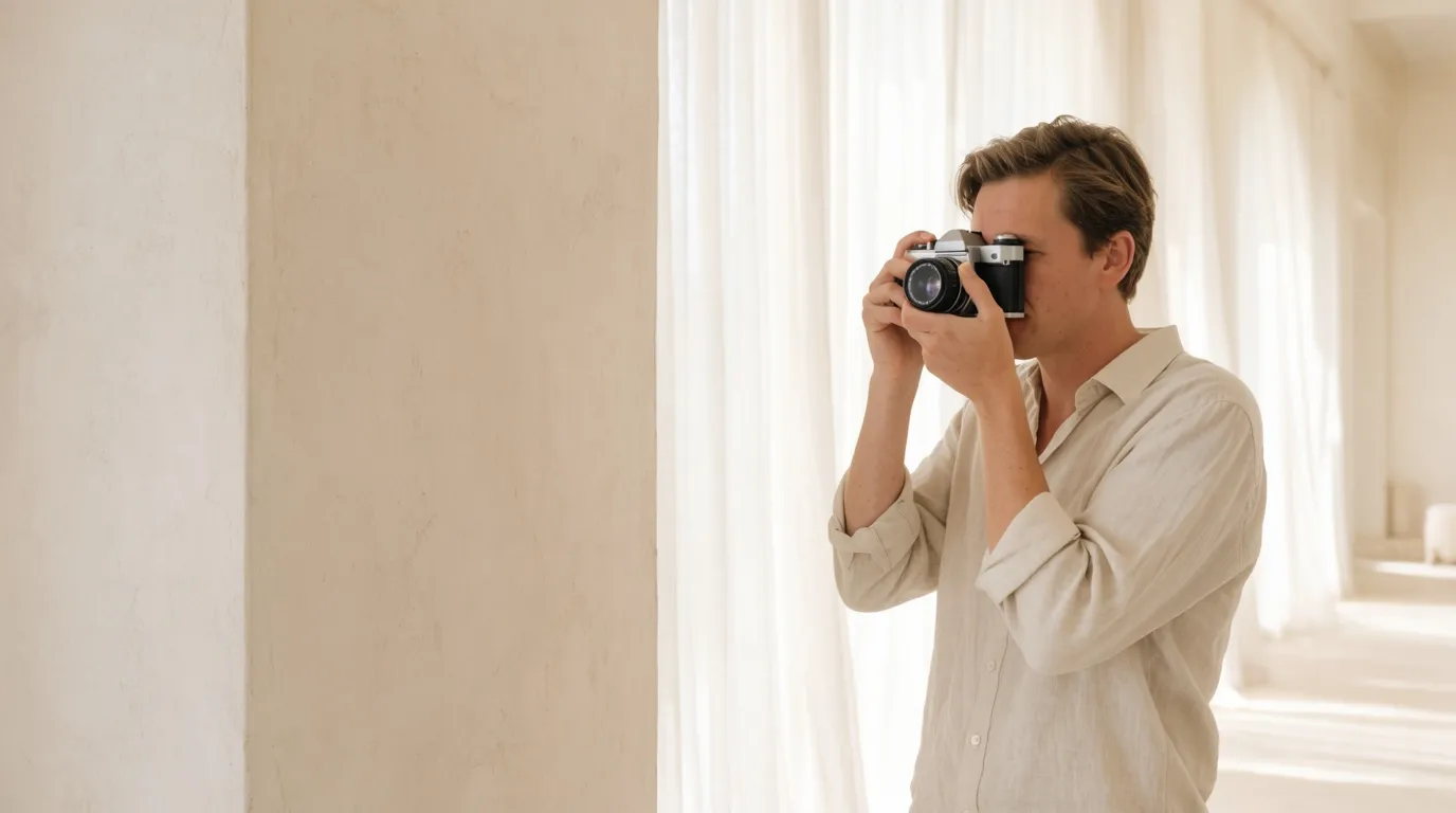 A photographer with a film camera in a bright venue with sheer curtains