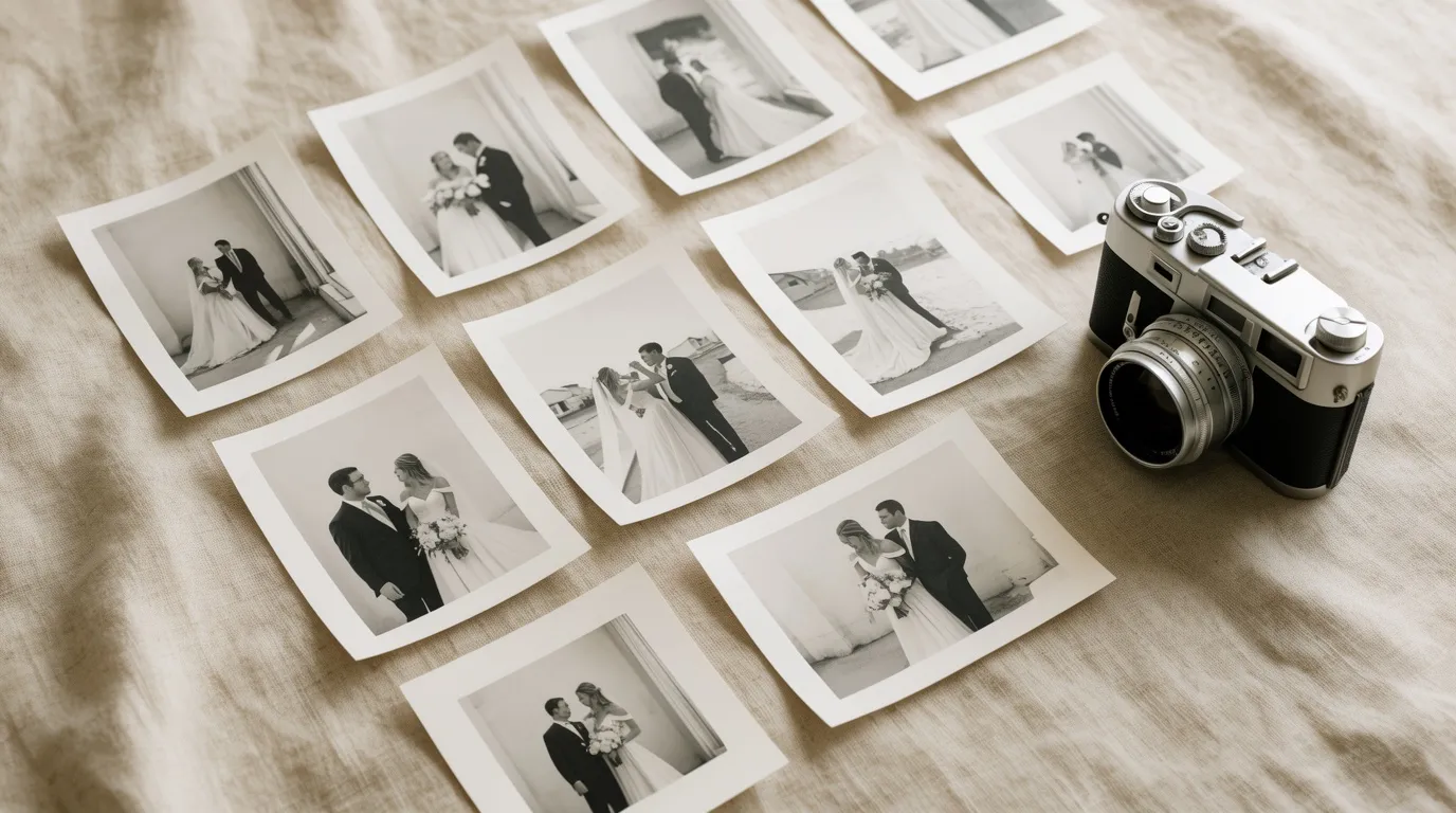 Printed black-and-white wedding photographs laid out on linen